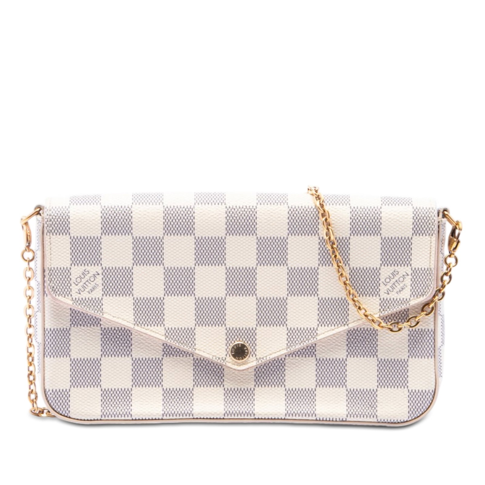Louis Vuitton Damier Azur Felicie Pochette Crossbody Bag: Louis Vuitton Damier Azur Felicie Pochette Crossbody Bag The Pochette Felicie crossbody bag features Damier Azur canvas with a detachable chain link shoulder strap, a flap with snap button closure, an