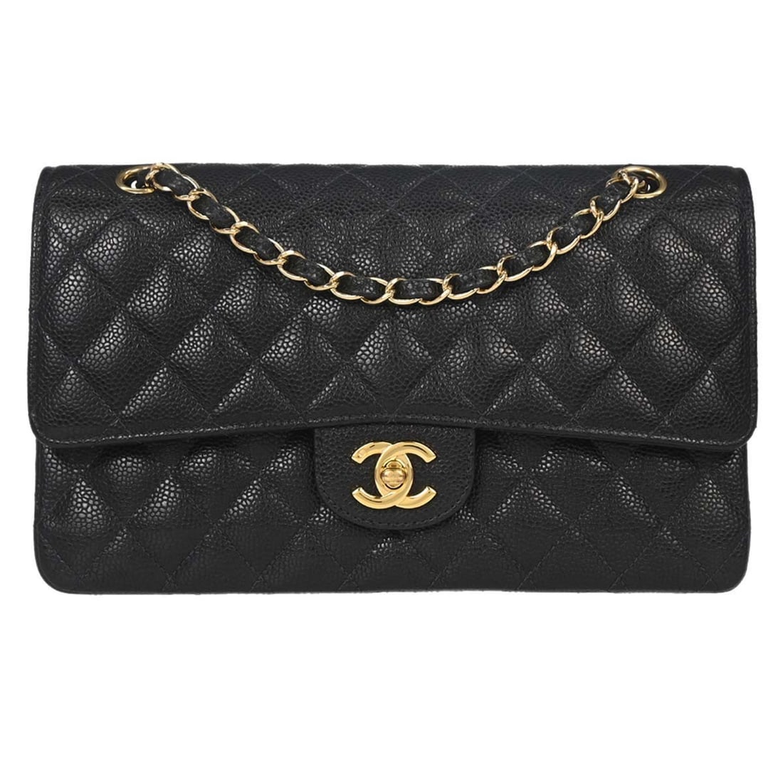 CHANEL Classic Double Flap Medium Black Caviar Leather Shoulder Bag: CHANEL Classic Double Flap Medium Black Caviar Leather Shoulder Bag Chanel Medium Classic Double Flap shoulder bag in black caviar skin leather with matelasse pattern and logo accent. It features a tu