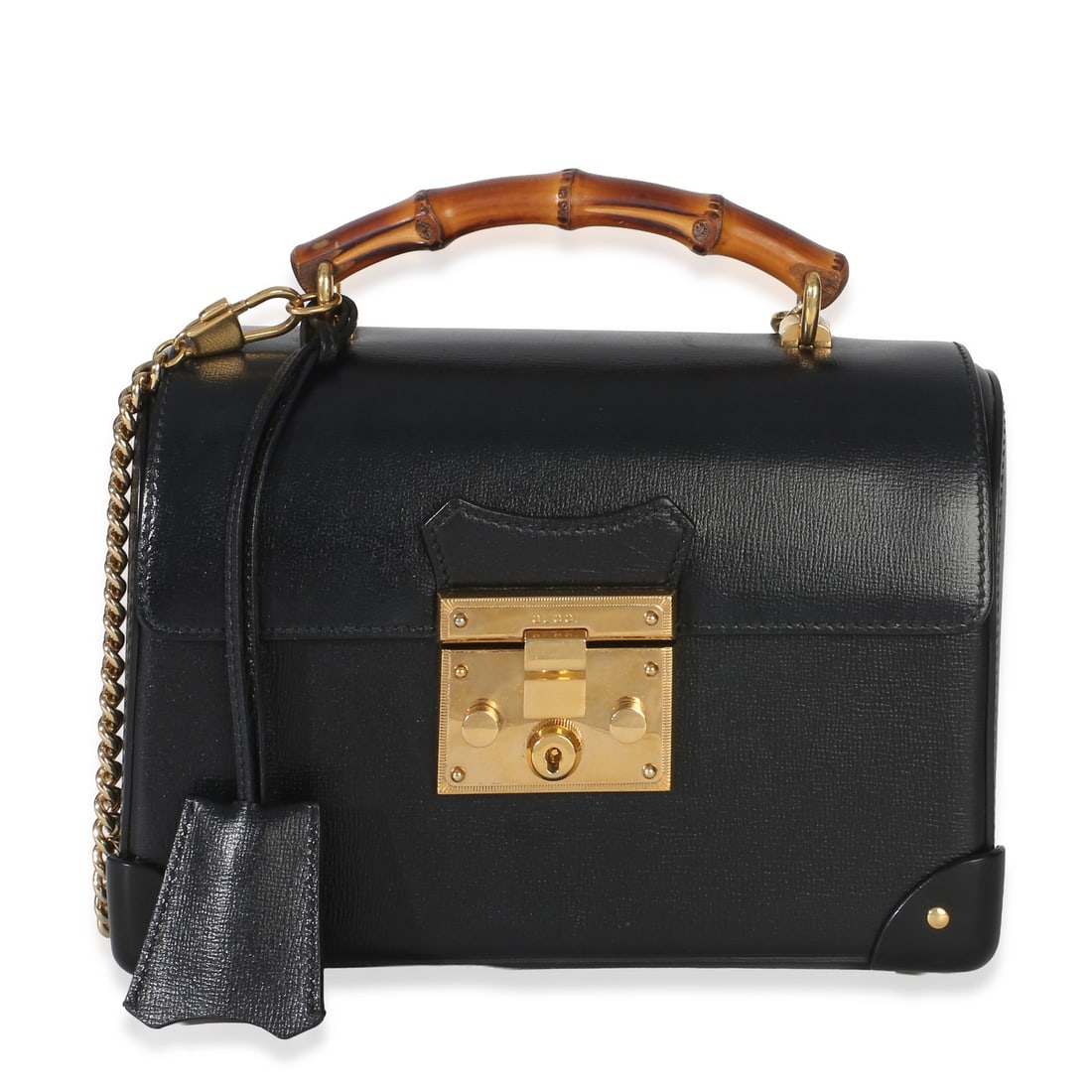 Gucci Black Calfskin Padlock Bamboo Shoulder Bag: Gucci Black Calfskin Padlock Bamboo Shoulder Bag This Gucci Black Azalea Calfskin Small Padlock Bamboo Shoulder Bag features a luxurious black leather exterior with gold-tone hardware and a push lock 