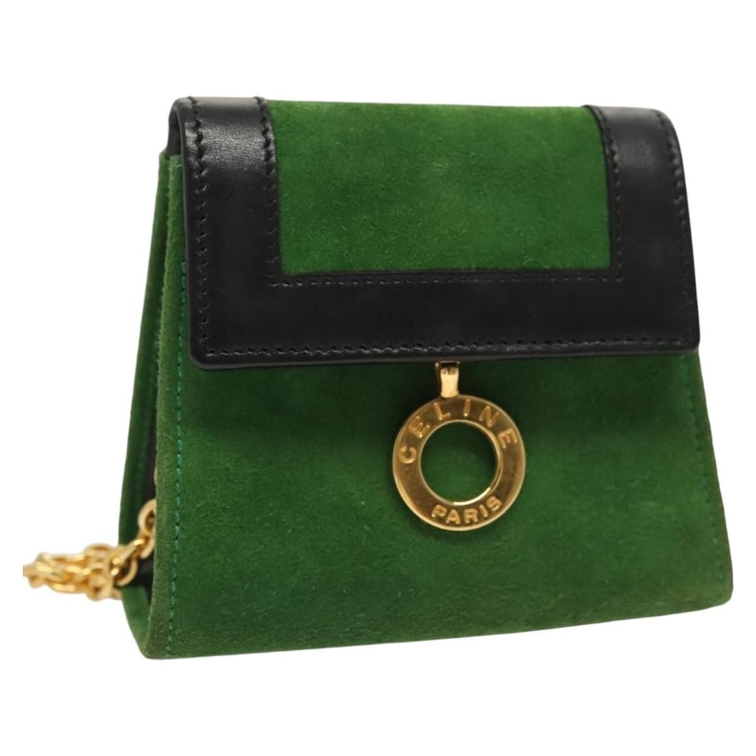 CELINE Suede Hand Pouch with Chain Green Gold Tone: CELINE Suede Hand Pouch with Chain Green Gold Tone CELINE Chain Hand Pouch in suede leather with a green and gold exterior. This women's hand bag was made in Italy and measures approximately 10 cm wid