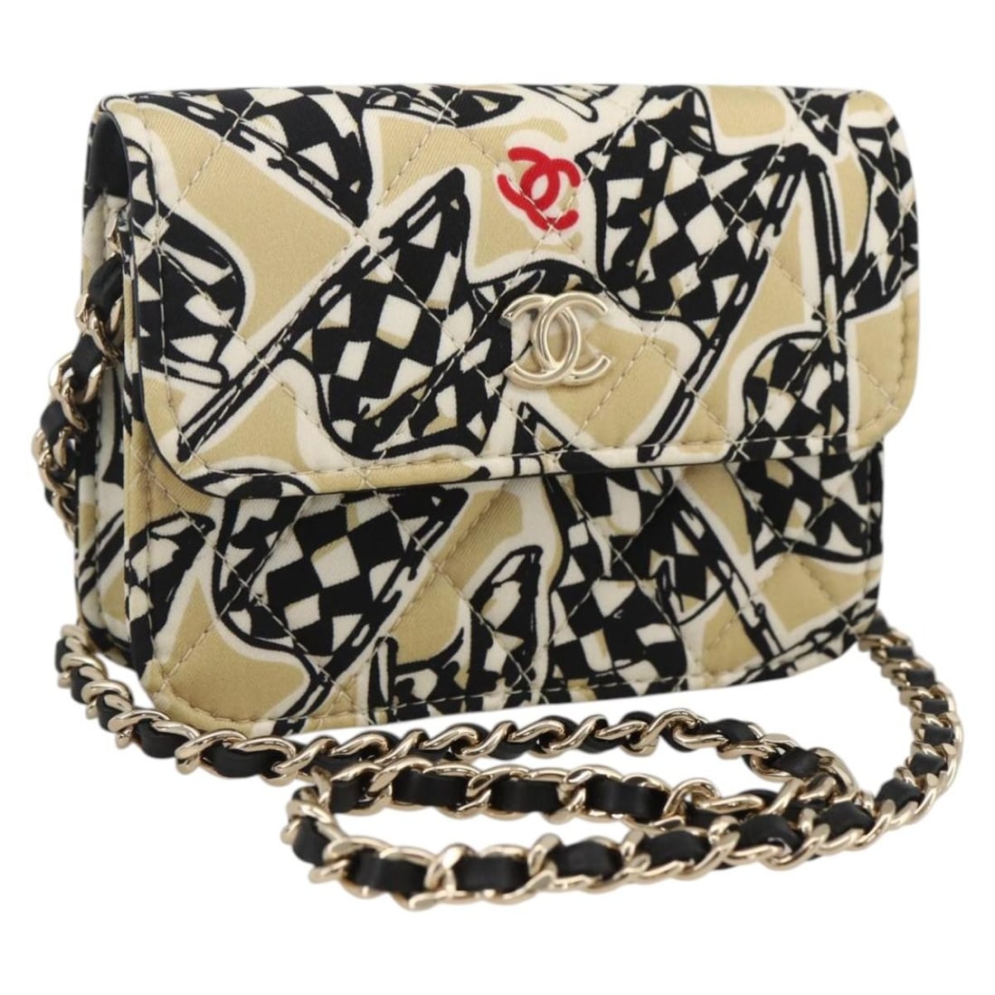 CHANEL Mini Matelasse Satin Shoulder Bag Beige Gold CC Chain: CHANEL Mini Matelasse Satin Shoulder Bag Beige Gold CC Chain This CHANEL Mini Matelasse 12 shoulder bag is crafted in satin with a beige and gold exterior. It features a compact silhouette with a shou