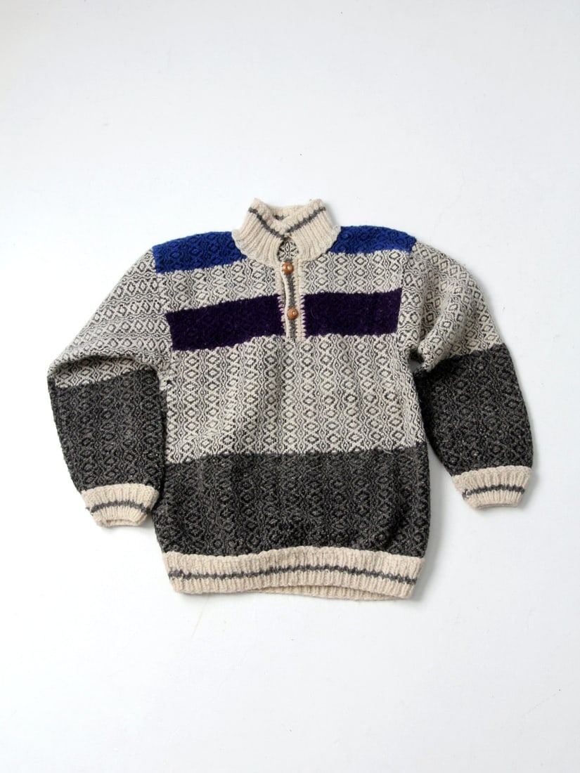 Vintage Hand Knit Norwegian Lusekofta Wool Sweater with Wooden Button (1 of 11)
