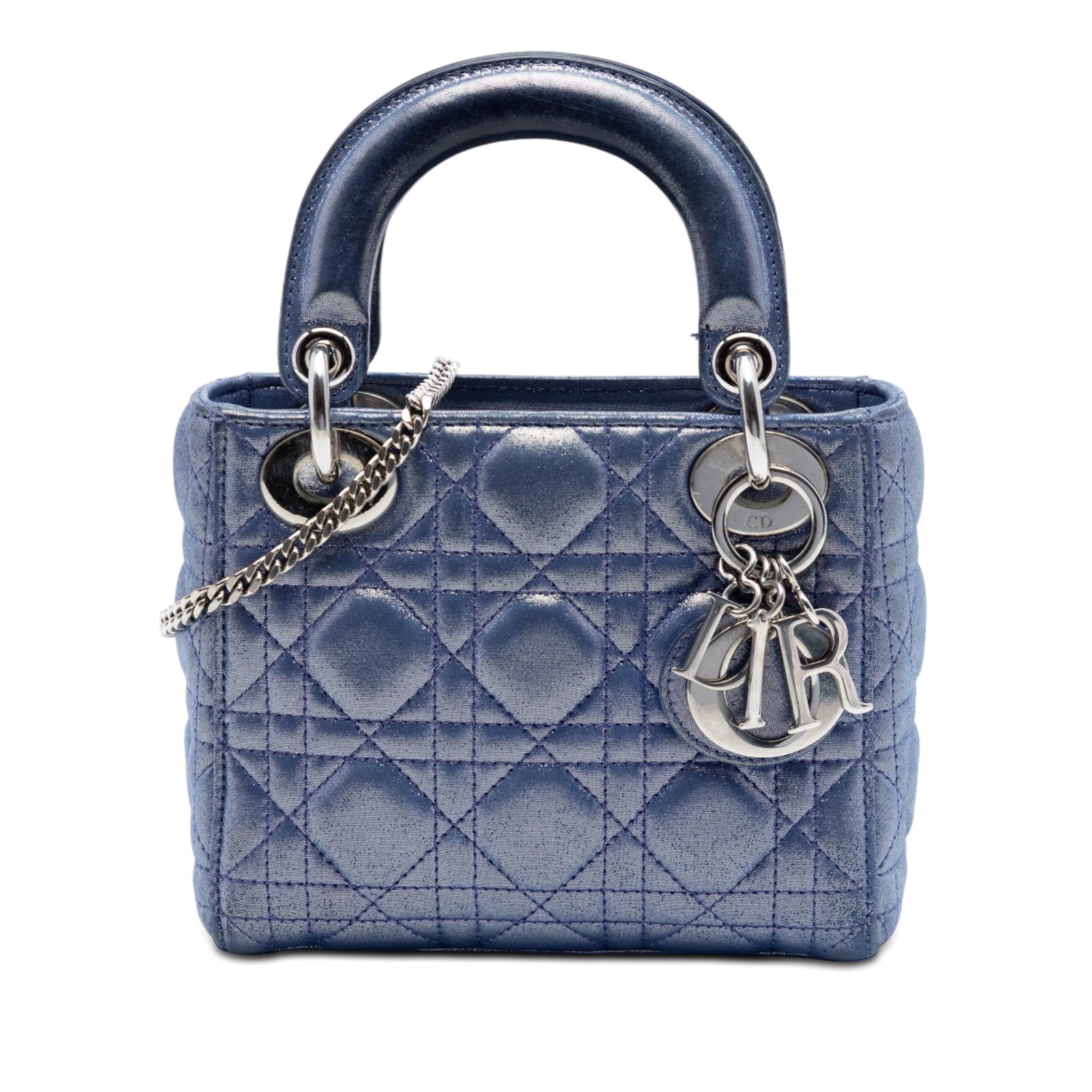 Dior Lady Dior Mini Blue Iridescent Cannage Lambskin Bag: Dior Lady Dior Mini Blue Iridescent Cannage Lambskin Bag Mini Lady Dior bag in blue iridescent quilted lambskin leather with Cannage detailing. It features flat leather top handles, a detachable chain
