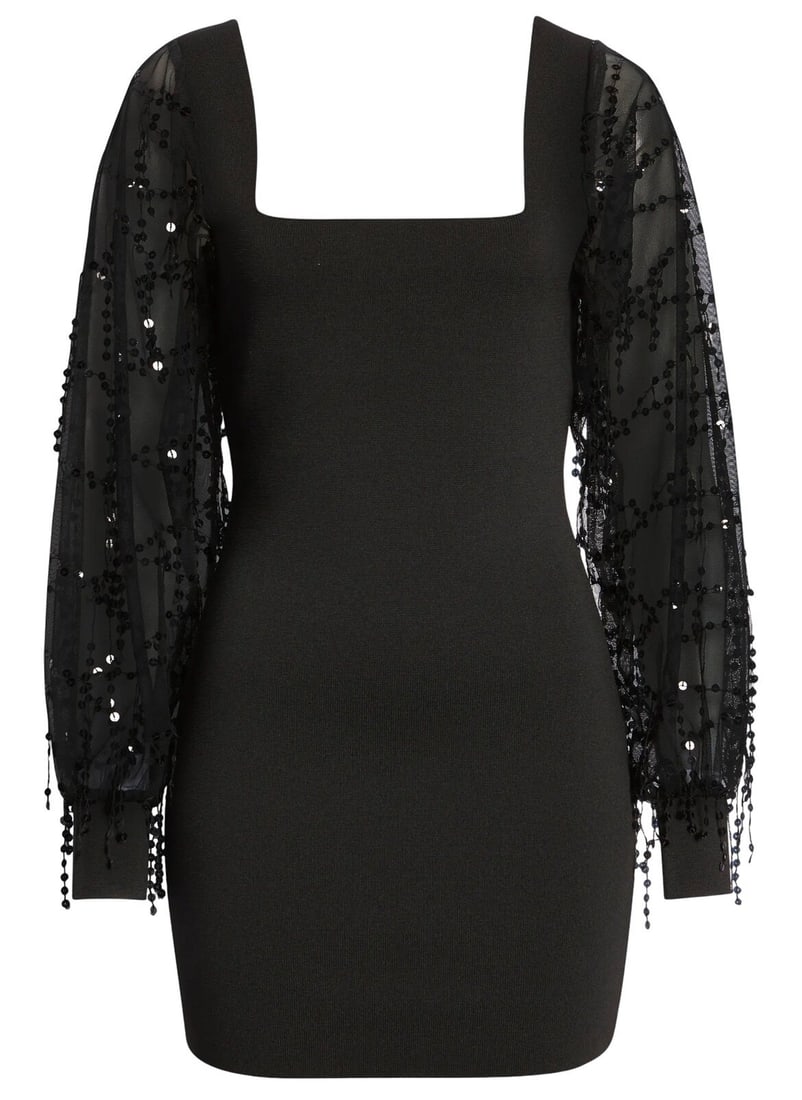Bebe Black Sequin Puff Sleeve Short Sweater Dress S: Bebe Black Sequin Puff Sleeve Short Sweater Dress S Elevate your wardrobe with this stunning Bebe Sequin Illusion Puff Long Sleeve Sweater Dress, featuring a chic black color and a captivating design.