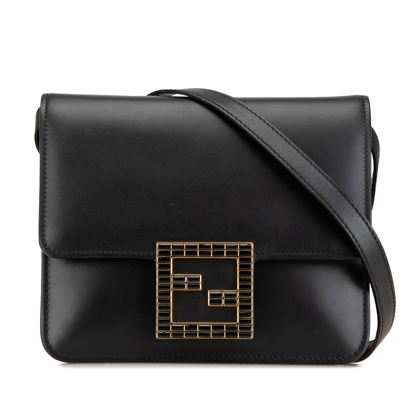 Fendi Leather Crystal Fab Crossbody Bag Black Italy: Fendi Leather Crystal Fab Crossbody Bag Black Italy This Fendi Leather Crystal Fab Crossbody bag is a stylish accessory crafted from premium leather. It features an adjustable flat shoulder strap for 