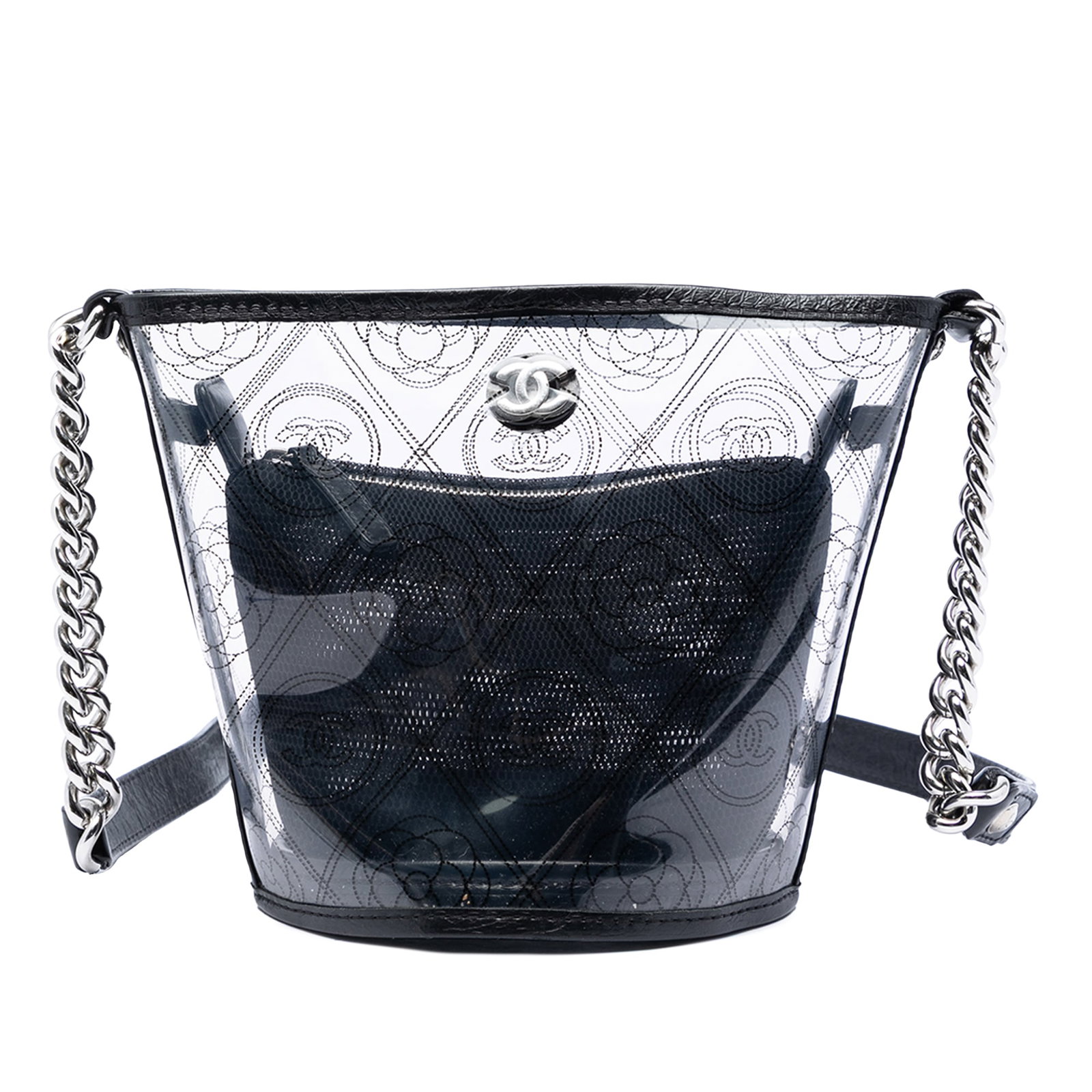 Chanel Camellia Coco Small Bucket Bag PVC Crumpled Calfskin: Chanel Camellia Coco Small Bucket Bag PVC Crumpled Calfskin Chanel Small PVC and Crumpled Calfskin Camellia Coco Bucket Bag in black, made in Italy. This bucket bag features a PVC body with leather tr