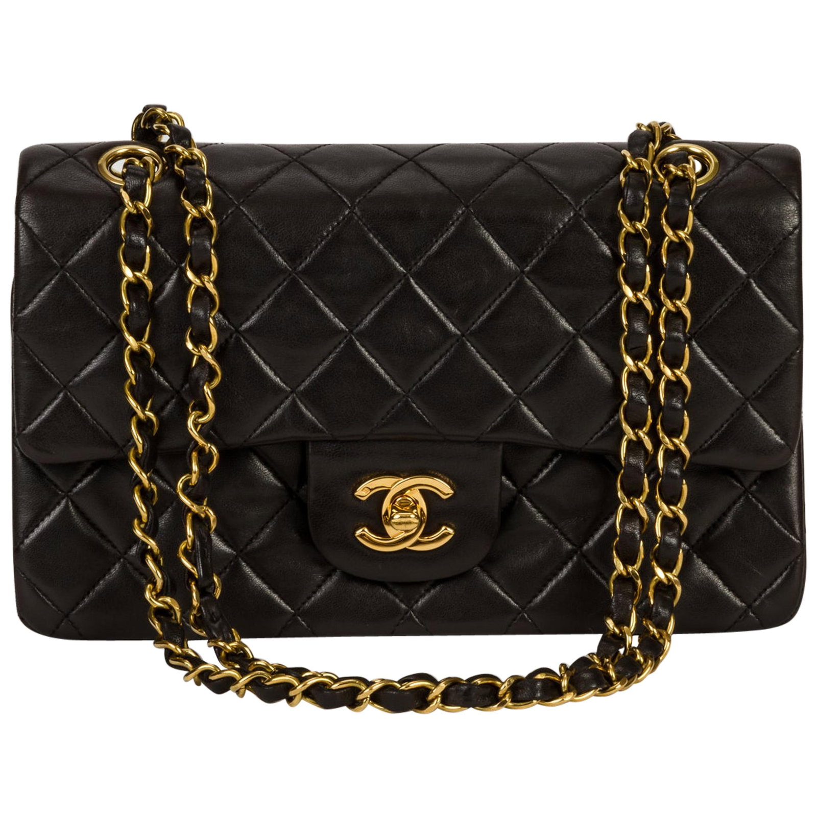 Chanel 2.55 Black Lambskin Double Flap Handbag Gold Hardware: Chanel 2.55 Black Lambskin Double Flap Handbag Gold Hardware This Chanel black classic double flap bag features luxurious lambskin leather with a signature quilted design and gold hardware. The versat