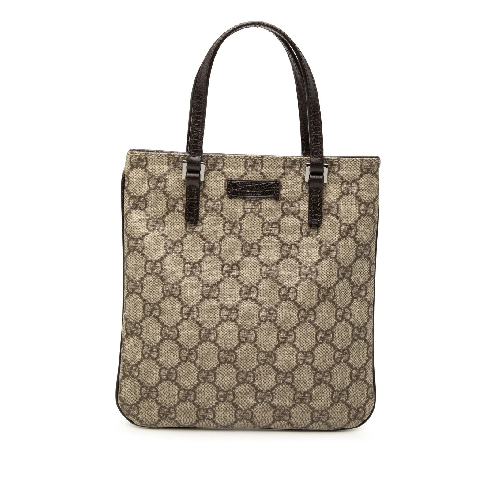 Gucci GG Supreme coated canvas tote bag beige: Gucci GG Supreme coated canvas tote bag beige A Gucci GG Supreme handbag in beige, made with a coated canvas body and leather trim. It features flat leather handles, an open top with magnetic snap clo