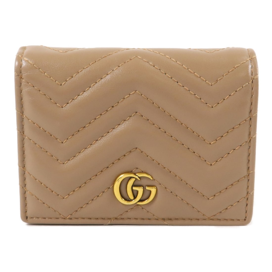 Gucci 466492 GG Marmont bifold card wallet calfskin beige pink: Gucci 466492 GG Marmont bifold card wallet calfskin beige pink A Gucci GG Marmont card case bifold wallet in beige and pink calfskin leather. It features a hook button closure, one wallet compartment,