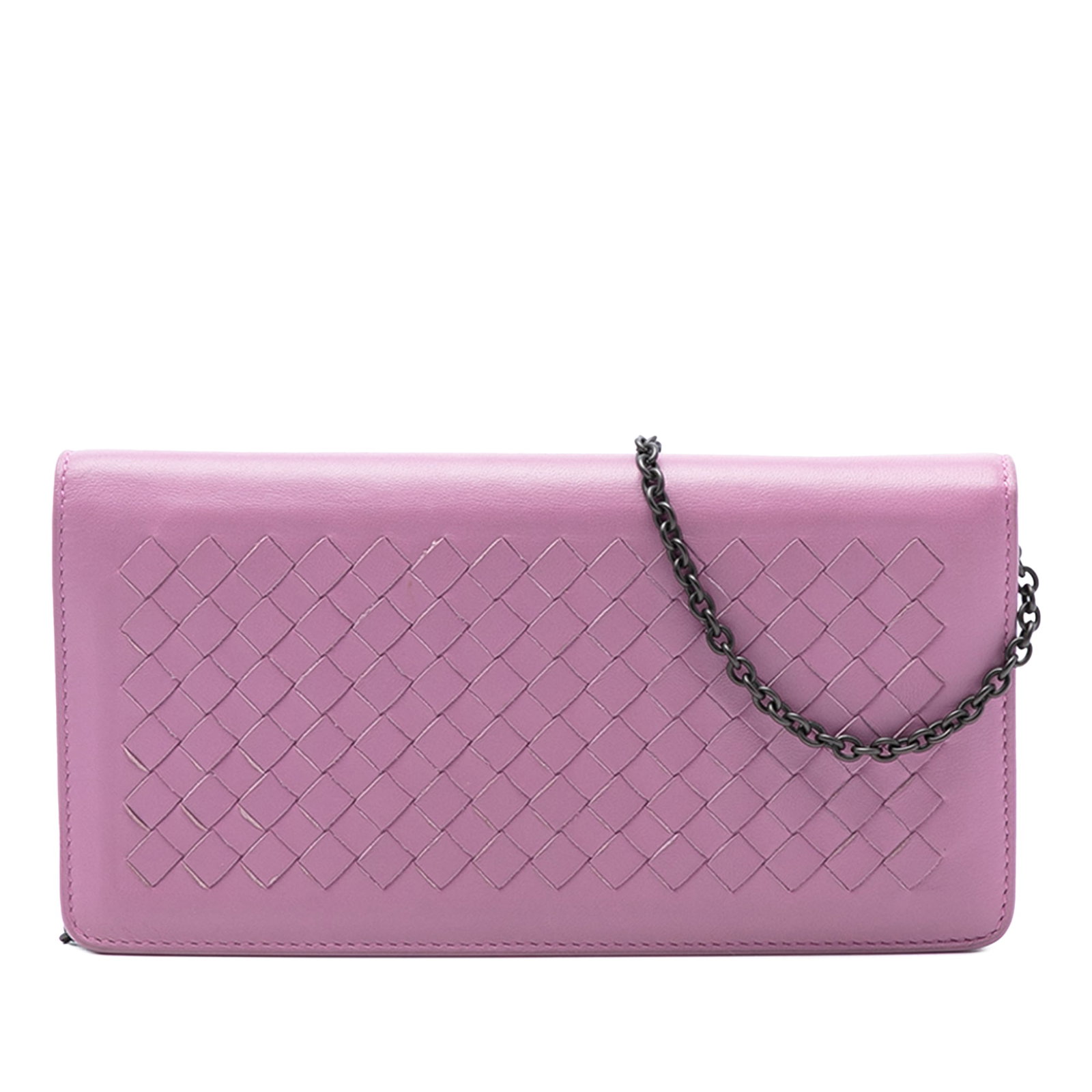 Bottega Veneta purple leather chain crossbody wallet: Bottega Veneta purple leather chain crossbody wallet This Bottega Veneta Nappa Intrecciato Continental Wallet on Chain features a luxurious purple nappa leather body with the signature intrecciato wea