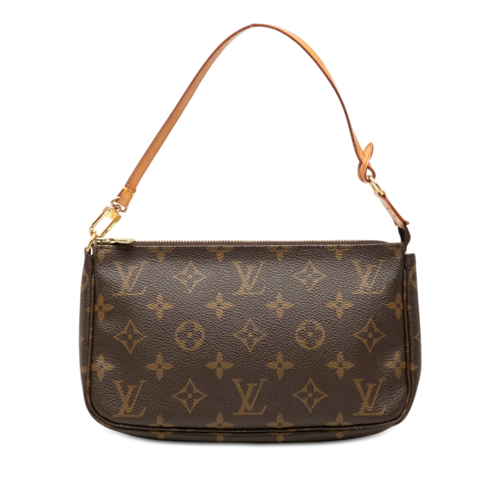 Louis Vuitton Monogram Pochette Accessoires Brown Zip Handbag: Louis Vuitton Monogram Pochette Accessoires Brown Zip Handbag Louis Vuitton Monogram Pochette Accessoires with a monogram canvas body, flat vachetta leather handle, and top zip closure. Made in France