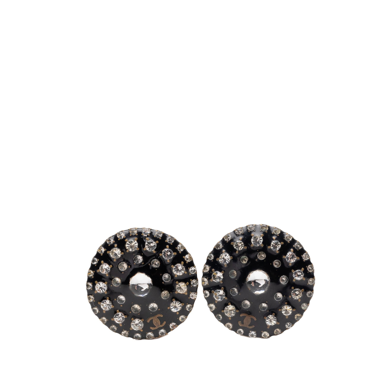 Chanel CC Round Clip Earrings with Crystal Embellishments: Chanel CC Round Clip Earrings with Crystal Embellishments These Chanel earrings feature round resin bodies adorned with crystal embellishments and secure clip-on closures. Designed in a classic black 