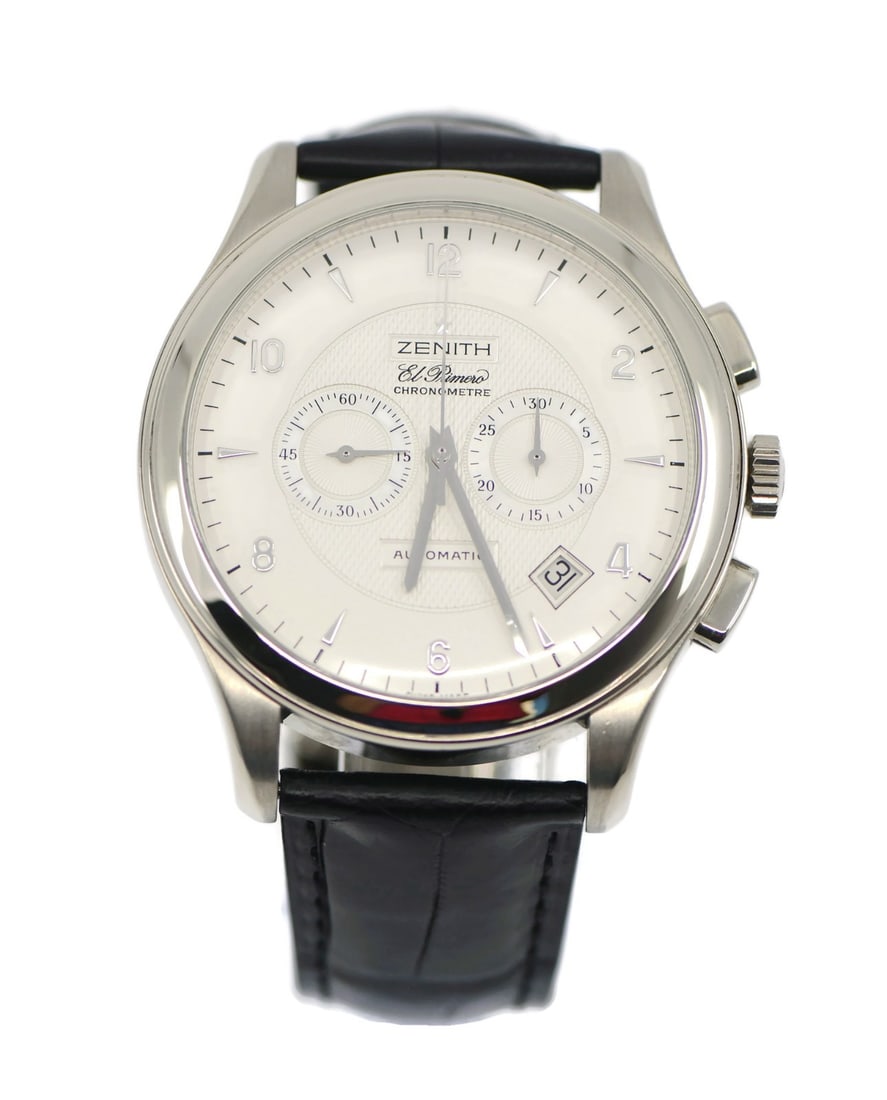Zenith El Primero 18K White Gold Watch 65.0520.4002 with Box and Papers: Zenith El Primero 18K White Gold Watch 65.0520.4002 with Box and Papers Experience the luxury of the Zenith El Primero 18K White Gold Watch, model reference 65.0520.4002. This exquisite wristwatch fea