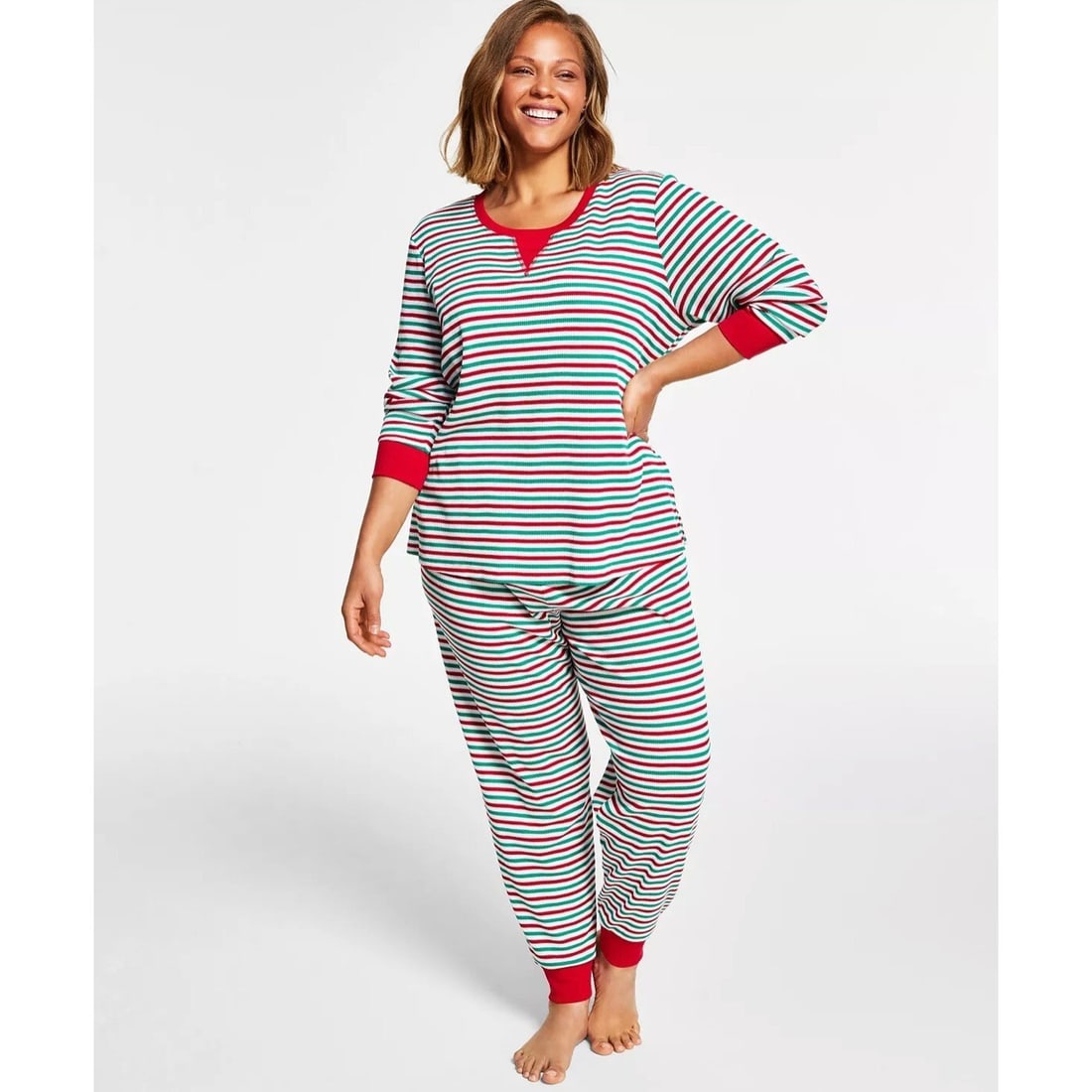 Family Pajamas Women's 2X Holiday Striped Thermal Waffle Pajama Set: Family Pajamas Women's 2X Holiday Striped Thermal Waffle Pajama Set Celebrate the holidays in comfort with this Matching Women's Thermal Waffle Pajama Set in size 2X. This festive ensemble features a 