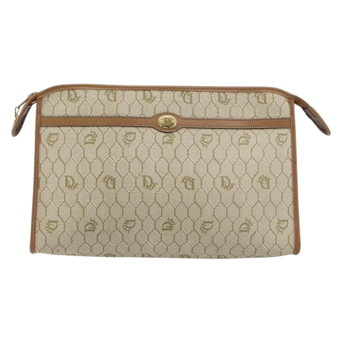 Christian Dior Beige Coated Canvas Honeycomb Zip Pouch Vintage: Christian Dior Beige Coated Canvas Honeycomb Zip Pouch Vintage This Christian Dior vintage zip pouch features a beige honeycomb-patterned coated canvas exterior designed for women. It offers a compact