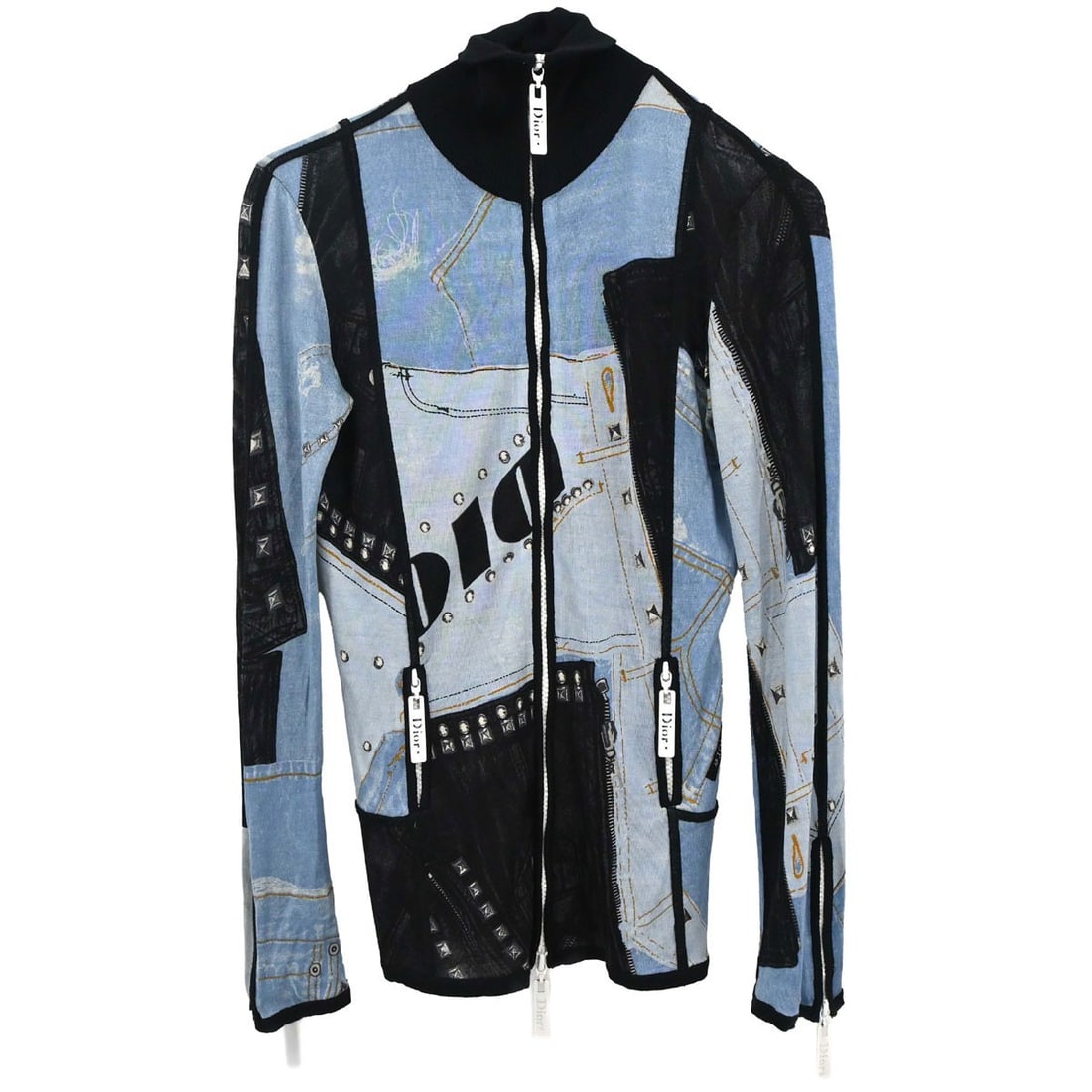Dior womens high neck zip jacket light blue FR 36: Dior womens high neck zip jacket light blue FR 36 Women's Christian Dior zip-up jacket in light blue denim print, designed with a high neck, long sleeves, and a regular fit. It features logo accents, 