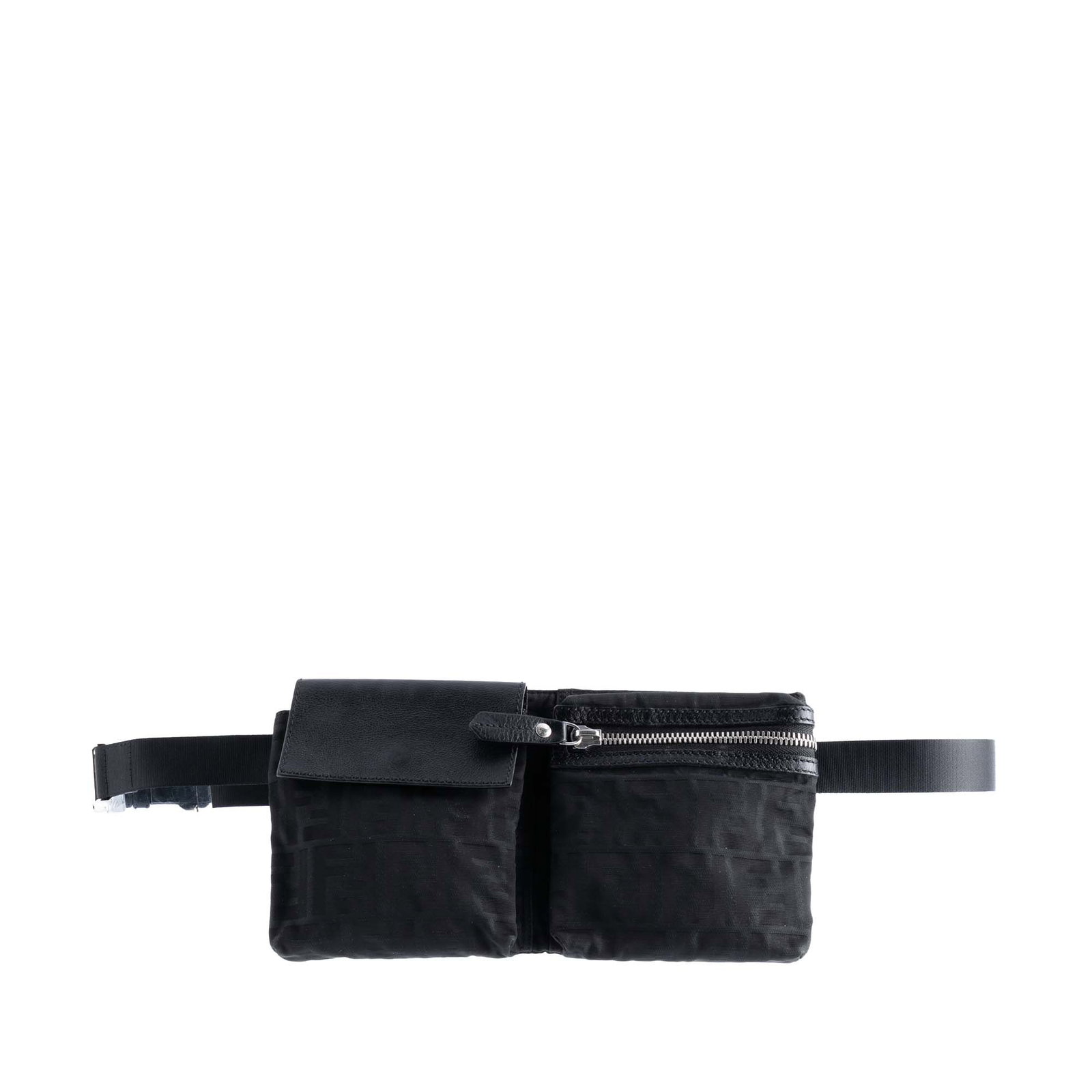 Fendi Zucca Canvas Waist Bag with Dual Front Pockets: Fendi Zucca Canvas Waist Bag with Dual Front Pockets The Fendi Zucca Canvas Double Pocket Belt Bag features a durable canvas body with leather trim and an adjustable flat canvas waist strap. It offers