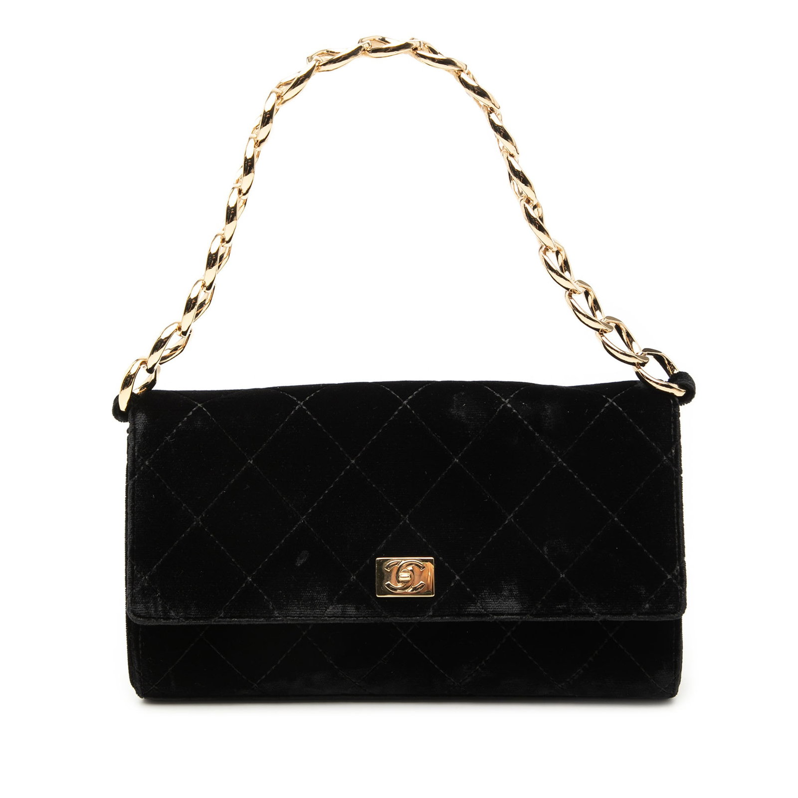 Black Velvet Chanel Shoulder Bag with Quilted CC Flap and Chain Strap: Black Velvet Chanel Shoulder Bag with Quilted CC Flap and Chain Strap This Chanel CC Quilted Velvet Chain Shoulder Bag features a quilted black velvet exterior, a gold-tone curb chain strap, and a fro