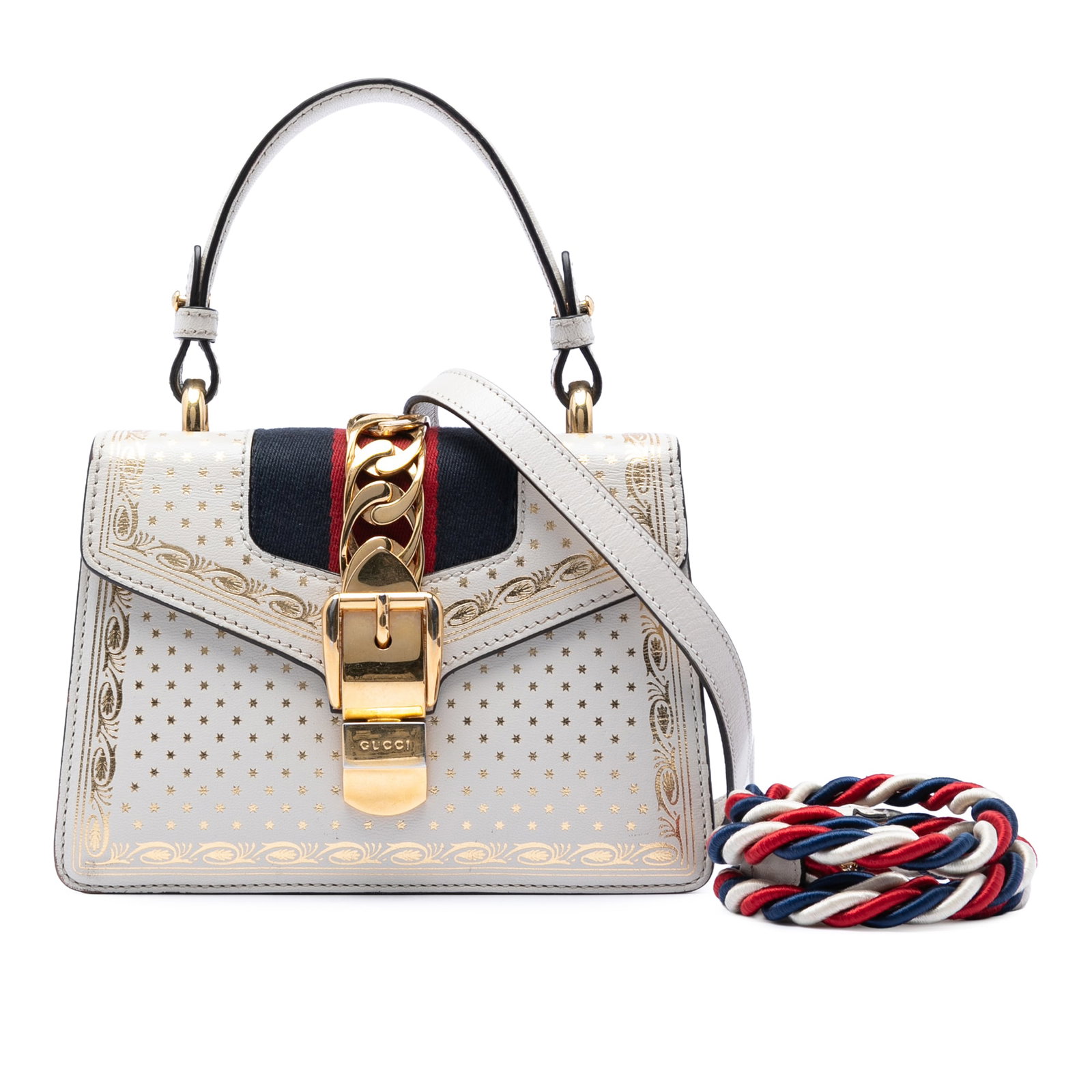 Gucci Sylvie Mini White Leather Top Handle Satchel: Gucci Sylvie Mini White Leather Top Handle Satchel Gucci Mini Calfskin Web Star Print Sylvie Satchel in white leather. This satchel features a printed leather body, a flat leather top handle, a detach