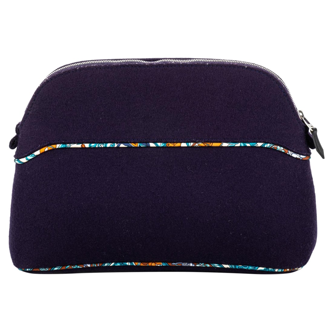 Hermes Bolide Blue Felt Clutch with Silk Interior: Hermes Bolide Blue Felt Clutch with Silk Interior Introducing the exquisite Hermes Bolide Clutch, crafted from luxurious blue felt with a sumptuous silk interior. This chic accessory, originating from