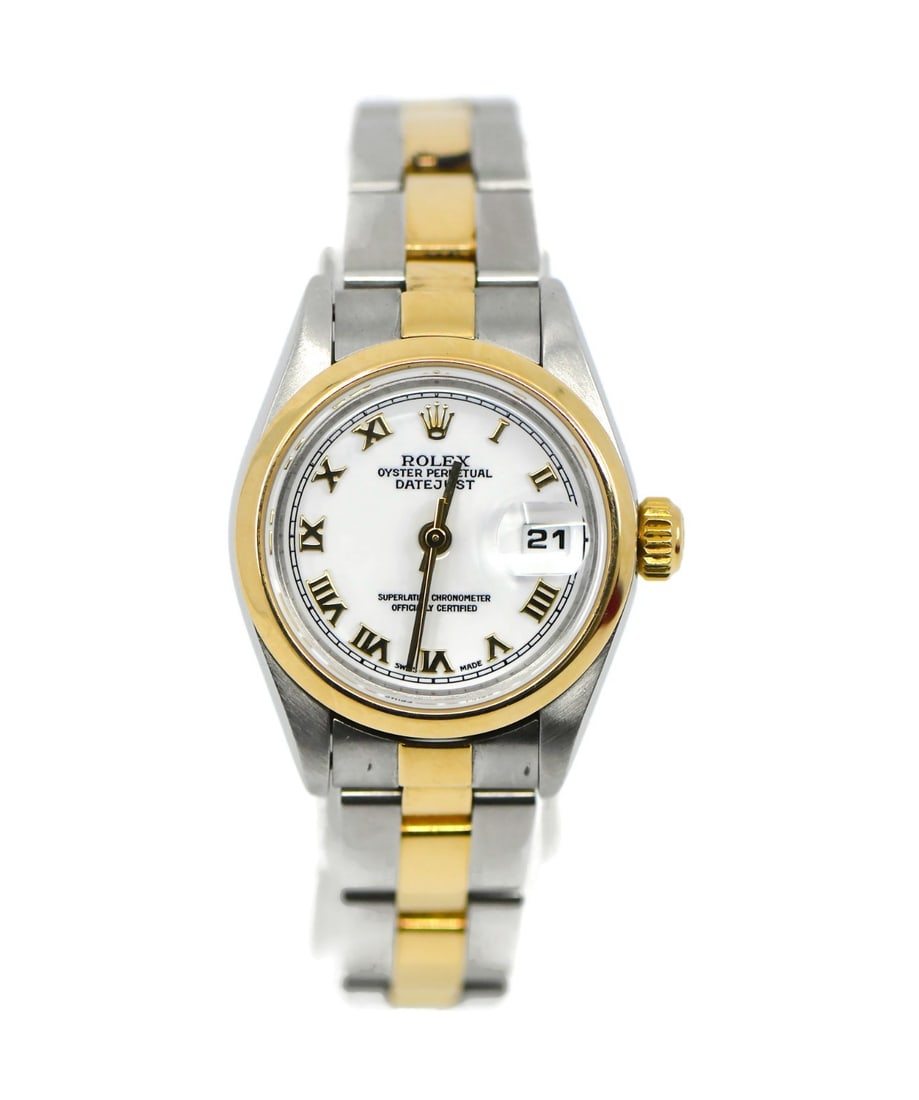 Rolex Datejust 79163 ladies wristwatch 18K stainless steel box papers: Rolex Datejust 79163 ladies wristwatch 18K stainless steel box papers Rolex Datejust women's wristwatch with a white dial and analog display. It features a mechanical automatic movement, stainless ste