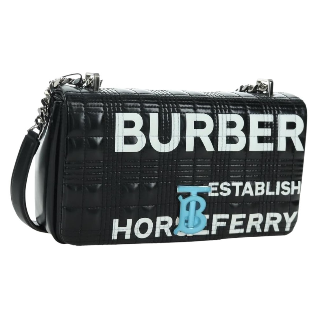 Burberry Black Leather Roller Chain Shoulder Bag with Silver Accents: Burberry Black Leather Roller Chain Shoulder Bag with Silver Accents This Burberry Roller Chain shoulder bag features a sleek black and silver leather exterior and a compact design. Crafted in Italy f