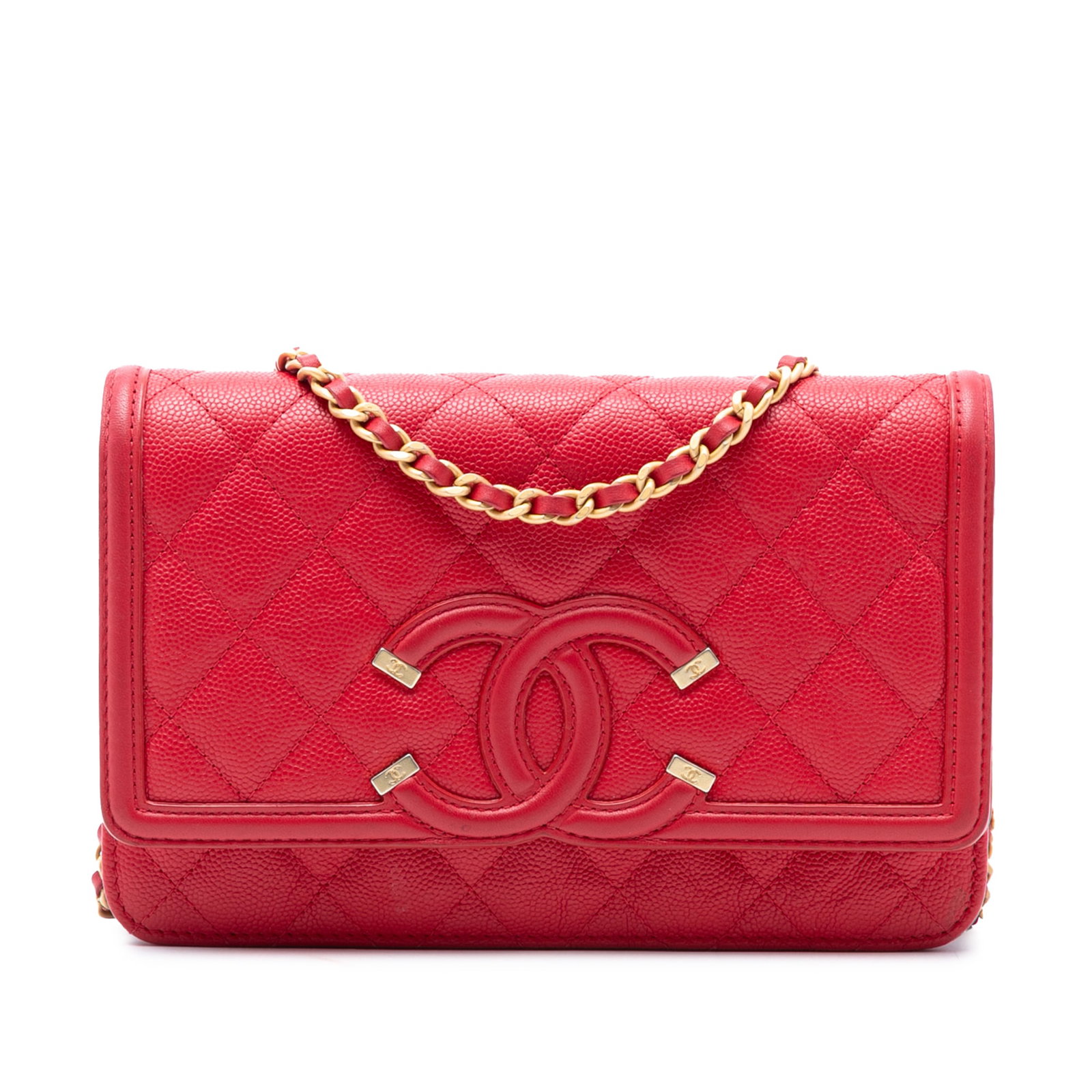 Red Leather Chanel Caviar CC Filigree Wallet On Chain Bag: Red Leather Chanel Caviar CC Filigree Wallet On Chain Bag This Chanel Caviar CC Filigree Wallet On Chain features a quilted caviar leather body, a leather-woven chain link strap, a front flap with mag
