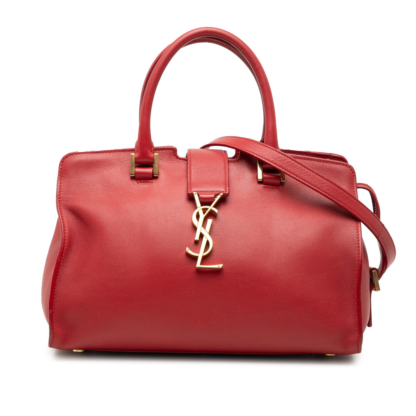 Saint Laurent Red Leather Baby Monogram Downtown Cabas Satchel Bag: Saint Laurent Red Leather Baby Monogram Downtown Cabas Satchel Bag This Saint Laurent Baby Leather Monogram Downtown Cabas Satchel features a red leather body with rolled leather handles and a detacha