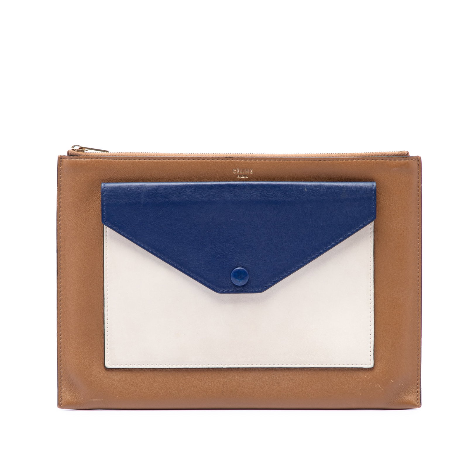 Celine Pocket Envelope Zip Clutch in Tricolor Leather: Celine Pocket Envelope Zip Clutch in Tricolor Leather This Celine clutch bag is crafted in tricolor calf leather and features a top zip closure, an exterior front flap pocket, and interior slip pocket