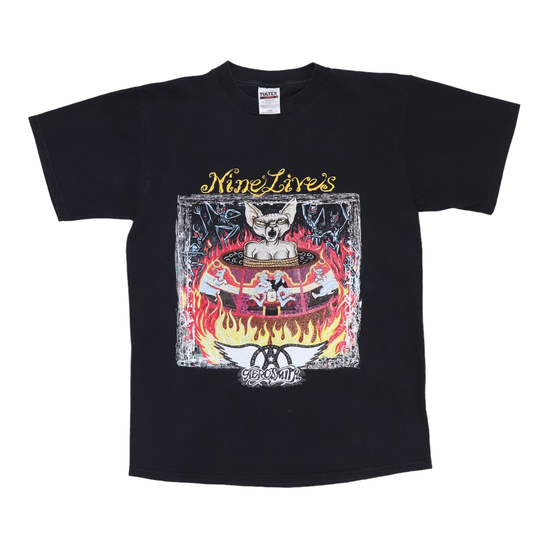 Vintage 1999 Nine Lives Tour Aerosmith Black Cotton T-Shirt Size Large: Vintage 1999 Nine Lives Tour Aerosmith Black Cotton T-Shirt Size Large This is an original vintage 1999 Aerosmith Nine Lives Tour shirt featuring front and back graphics. The shirt is made from 100% c