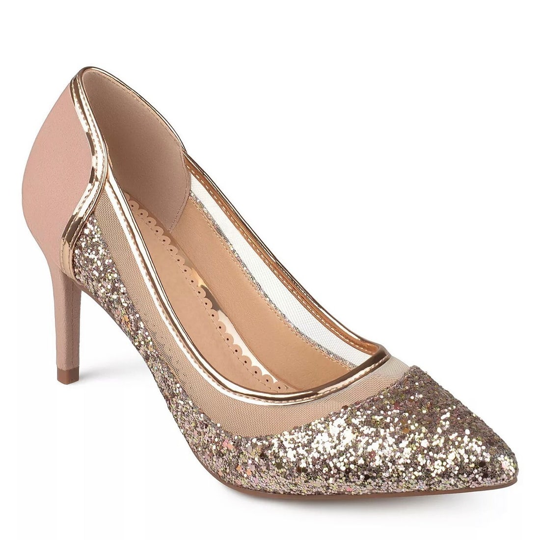 Journee Collection Women's Kalani Rose Gold Glitter Pumps 8.5 Stiletto Slip-On: Journee Collection Women's Kalani Rose Gold Glitter Pumps 8.5 Stiletto Slip-On Step out in style with these glamorous Women's Kalani Glitter Mesh Pumps. Crafted by Journee Collection, these stunning h