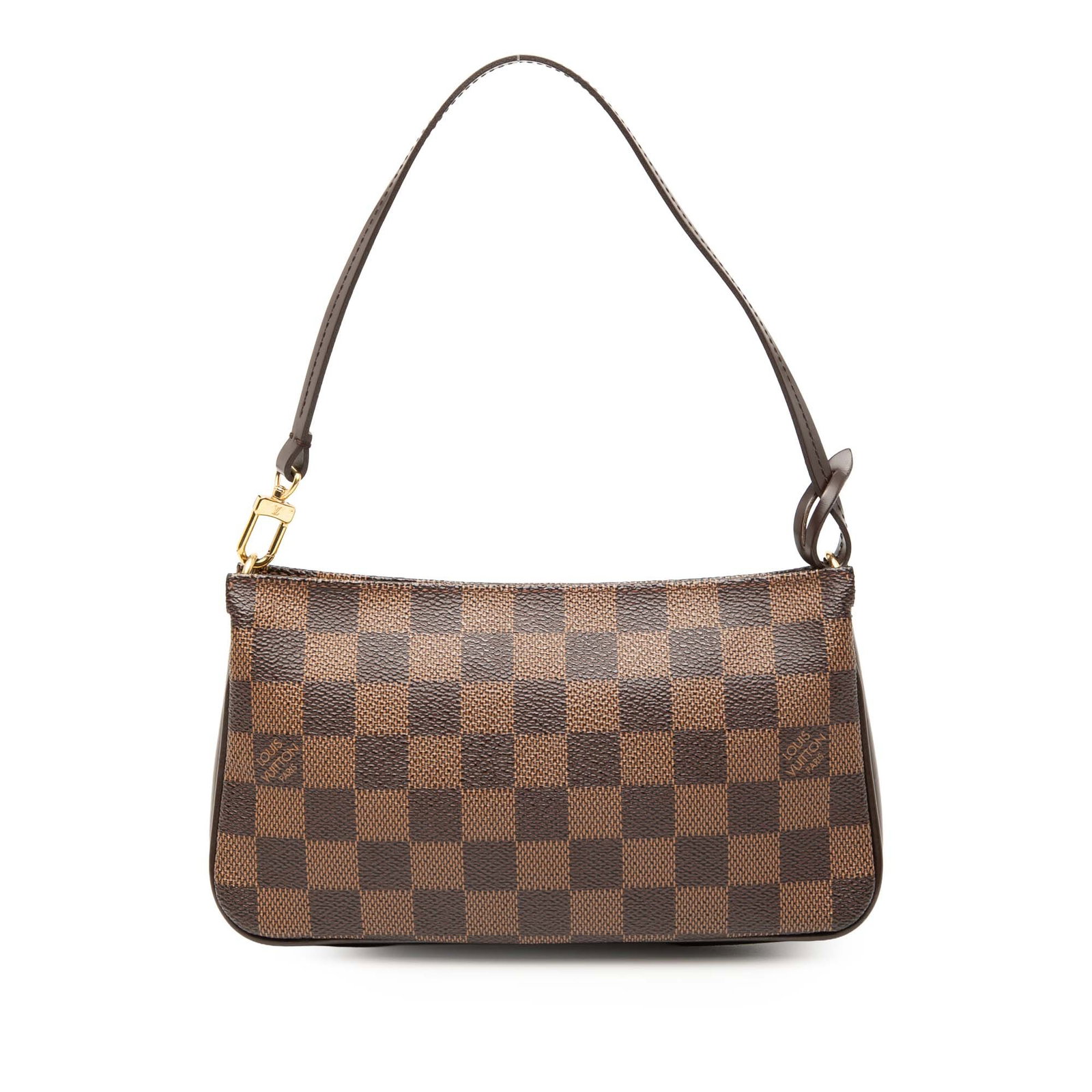 Damier Ebene Navona bag with canvas and leather by Louis Vuitton: Damier Ebene Navona bag with canvas and leather by Louis Vuitton The Louis Vuitton Damier Ebene Navona features a brown Damier Ebene canvas body with leather trim, a flat leather handle, and a top zip