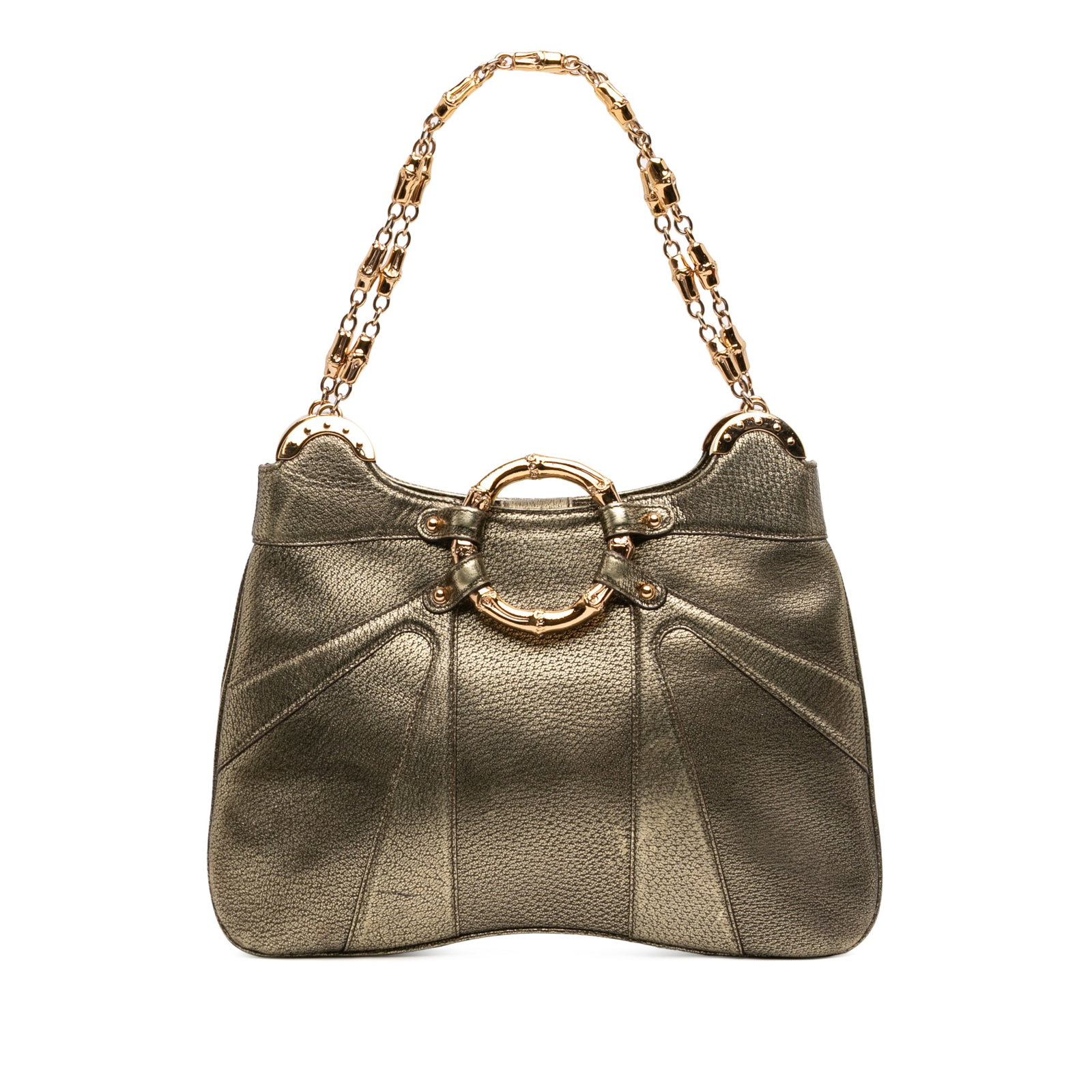 Gucci bamboo ring chain shoulder bag gold leather: Gucci bamboo ring chain shoulder bag gold leather This Gucci Metallic Calfskin Bamboo Ring Chain Shoulder Bag is crafted from gold-tone leather with leather trim and features distinctive chain straps 