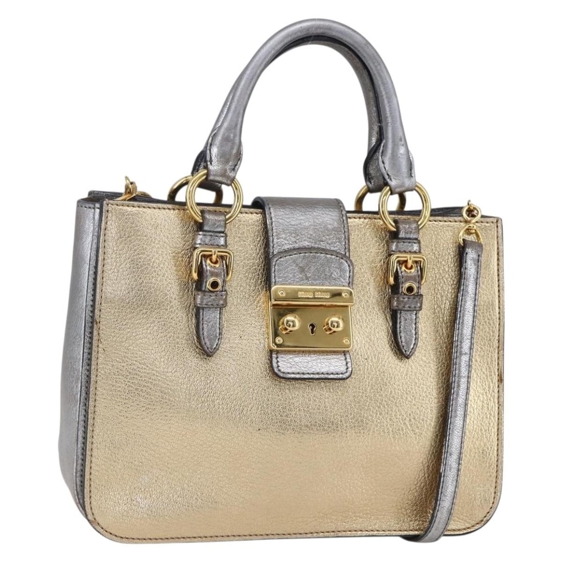 Miu Miu Madras Leather 2way Handbag Gold with Shoulder Strap: Miu Miu Madras Leather 2way Handbag Gold with Shoulder Strap Miu Miu Madras leather 2way handbag in gold, made in Italy. It comes with a shoulder strap and has a handle drop of approximately 18.5 to 2