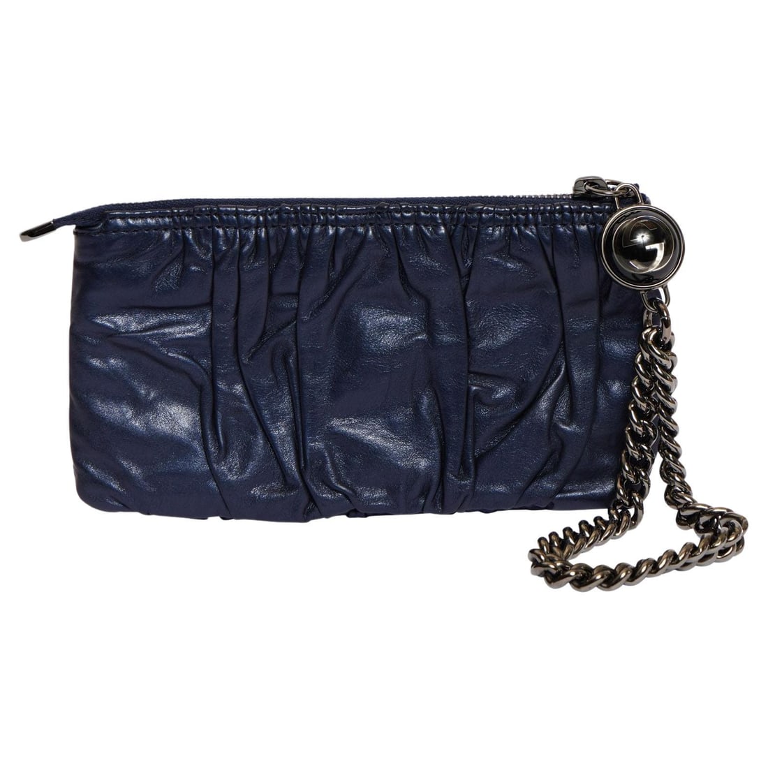 Gucci Blue Leather Wristlet with GG Logo and Gunmetal Chain: Gucci Blue Leather Wristlet with GG Logo and Gunmetal Chain This Gucci wristlet is a stylish addition to any collection. Crafted from premium blue leather, it features a distinctive GG logo and is com