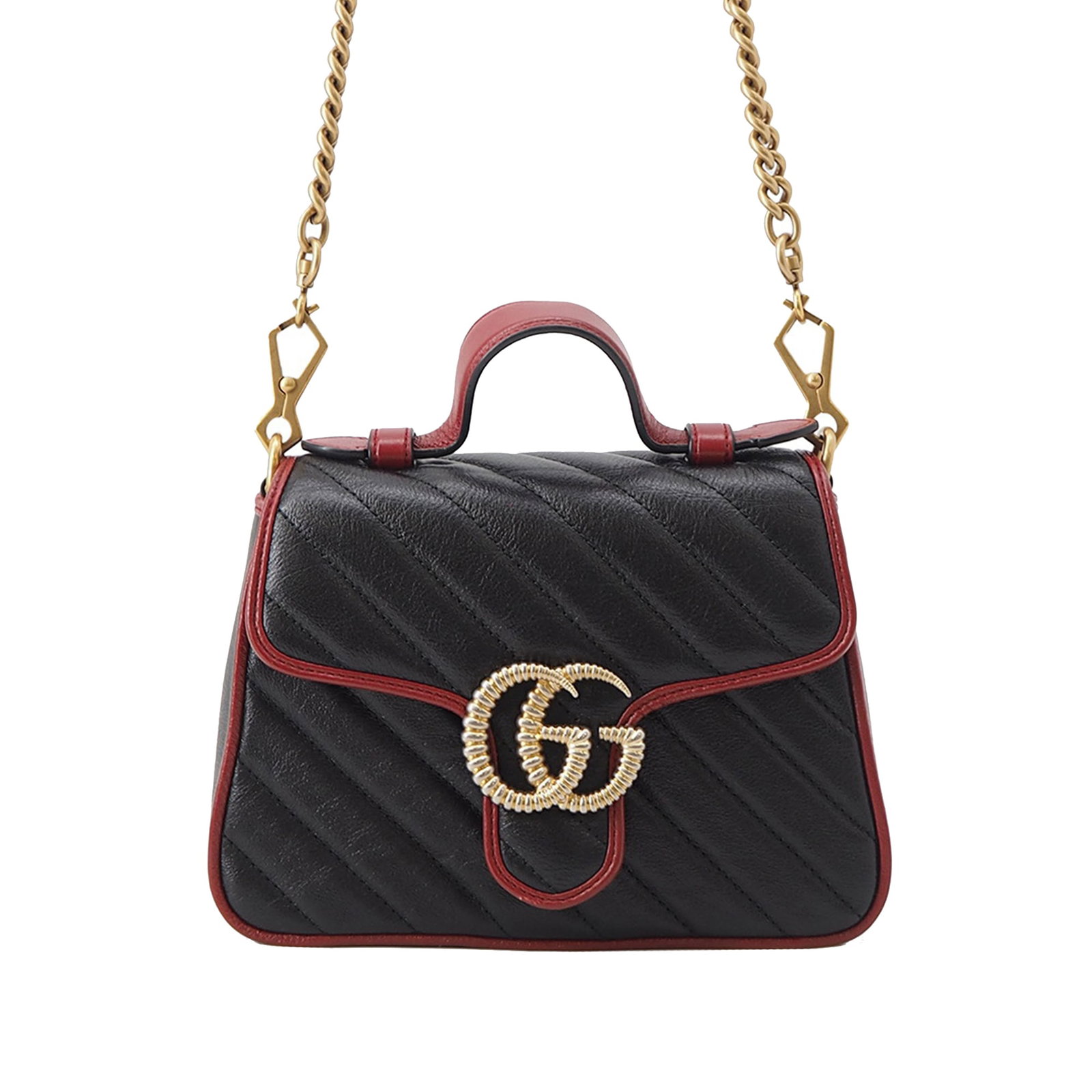 Gucci GG Marmont Mini Top Handle Satchel in Black Leather: Gucci GG Marmont Mini Top Handle Satchel in Black Leather Gucci Mini GG Marmont Matelasse Calfskin Torchon Top Handle Bag in black quilted leather. This satchel features a flat leather top handle, a d