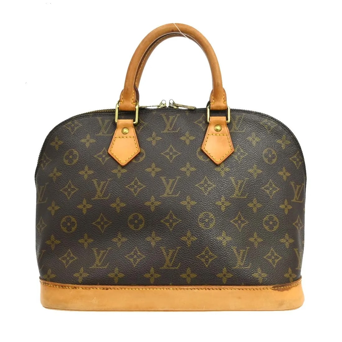 Louis Vuitton Alma handbag in brown monogram canvas: Louis Vuitton Alma handbag in brown monogram canvas Louis Vuitton Alma handbag in brown monogram canvas. This structured bag is made in France and remains in good condition with visible wear from use.