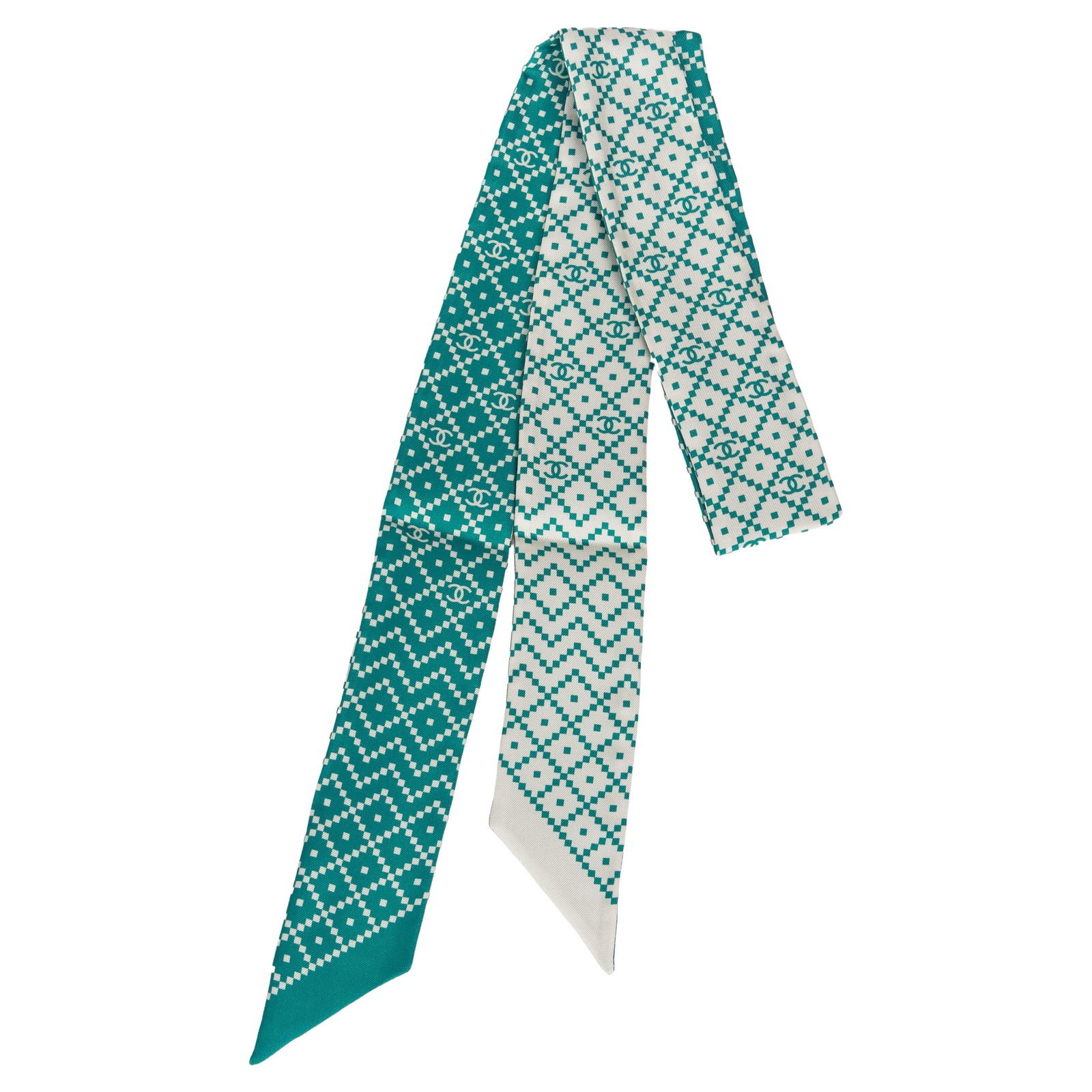 Chanel Green White Logo Silk Twilly Scarf 48 x 2 Italy: Chanel Green White Logo Silk Twilly Scarf 48 x 2 Italy Elevate your style with this stunning Chanel Green & White Logo Twilly Scarf. Crafted from 100% silk, this versatile accessory can be worn as a h