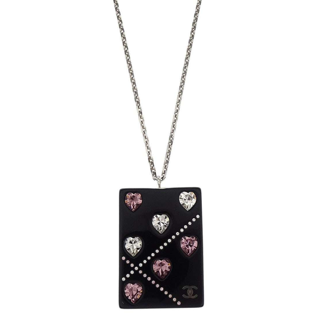 Chanel 04A Silver Plated Necklace with Acrylic Rhinestone Pendant: Chanel 04A Silver Plated Necklace with Acrylic Rhinestone Pendant Chanel rectangle pendant charm necklace featuring a silver-tone acrylic pendant with rhinestone accents. This necklace is made in Fran