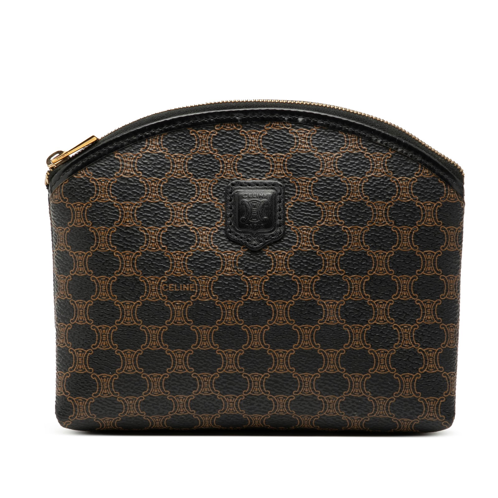 Macadam Black Canvas and Leather Pouch by Celine: Macadam Black Canvas and Leather Pouch by Celine This Celine Macadam pouch features a coated canvas body with leather trim and a top zip closure. The pouch is styled in black and is crafted in Italy. 