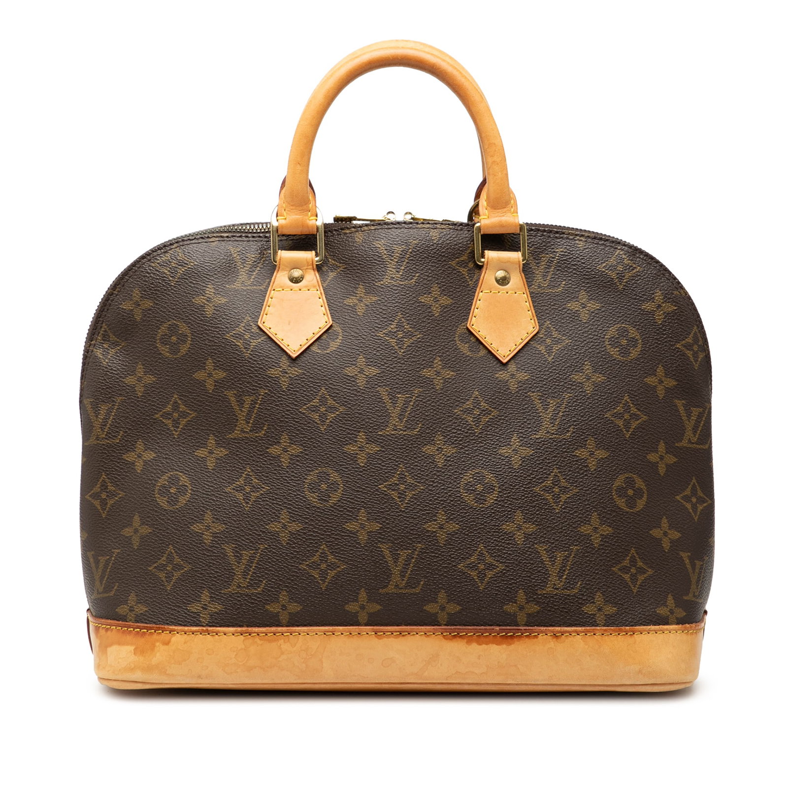Louis Vuitton Alma PM Brown Monogram Canvas Bag with Vachetta Leather Trim: Louis Vuitton Alma PM Brown Monogram Canvas Bag with Vachetta Leather Trim The Louis Vuitton Monogram Alma PM features the iconic monogram canvas body with vachetta leather trim and rolled vachetta le