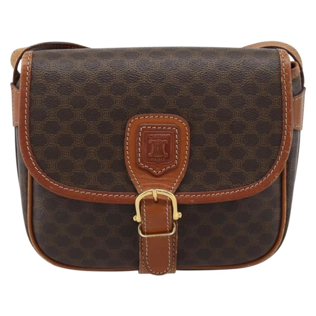 Celine Vintage Macadam Brown Canvas Shoulder Bag: Celine Vintage Macadam Brown Canvas Shoulder Bag Vintage Macadam canvas bag in brown with leather trim and an interior pocket. This pre-owned piece shows overall fair condition with visible signs of u