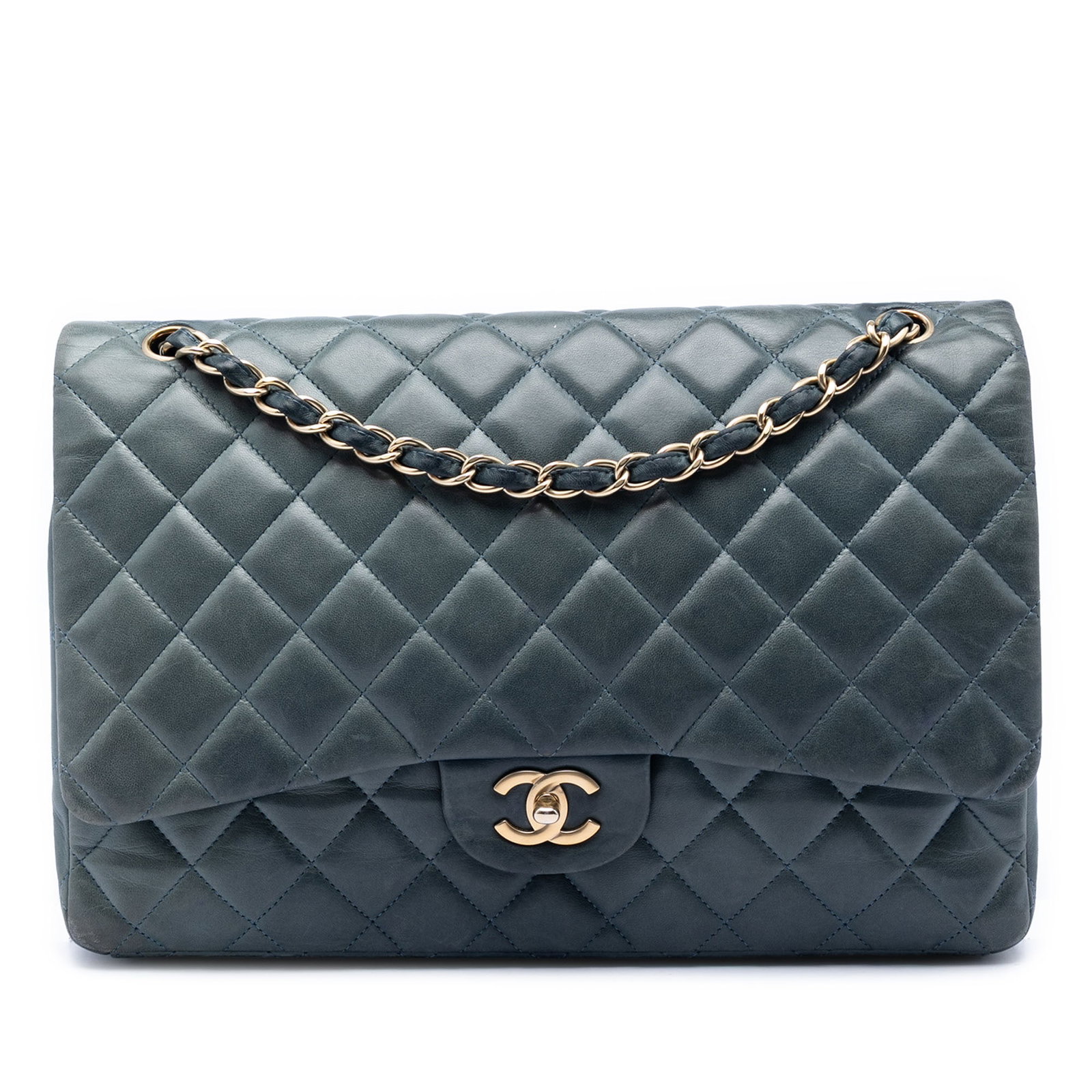 Chanel Maxi Classic Single Flap Blue Lambskin Shoulder Bag: Chanel Maxi Classic Single Flap Blue Lambskin Shoulder Bag A Chanel Maxi Classic Lambskin Single Flap shoulder bag in blue, made in France. It features a quilted lambskin body, leather-woven chain sho