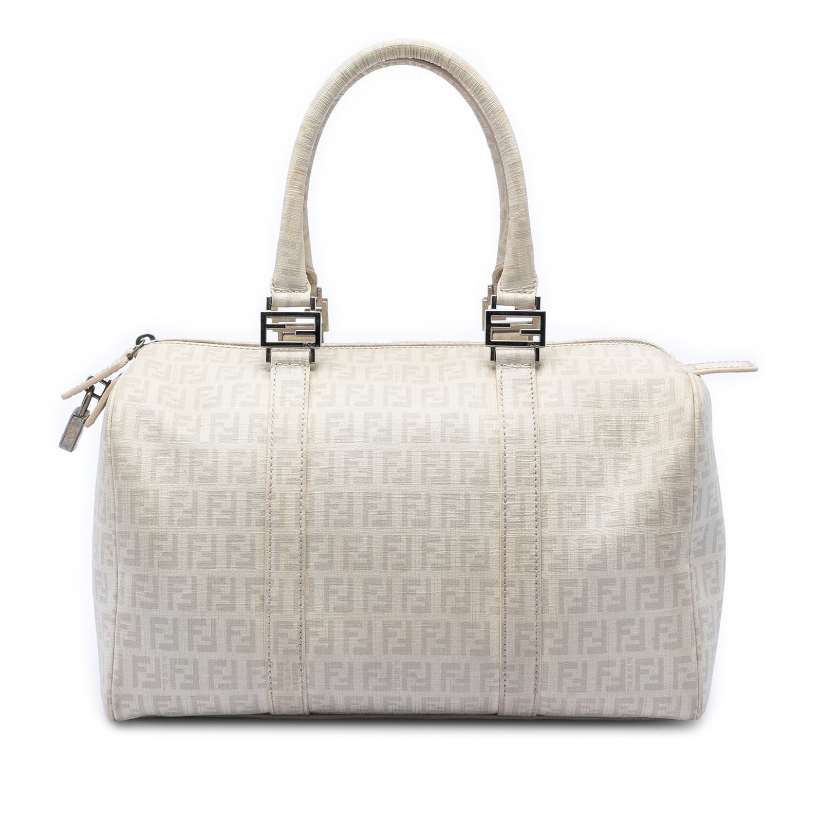 Fendi Forever Bauletto Boston Bag in Beige Coated Canvas: Fendi Forever Bauletto Boston Bag in Beige Coated Canvas Fendi Zucchino Spalmati Forever Bauletto Boston bag in beige fabric with a coated canvas body, rolled handles, top zip closure, and an interior