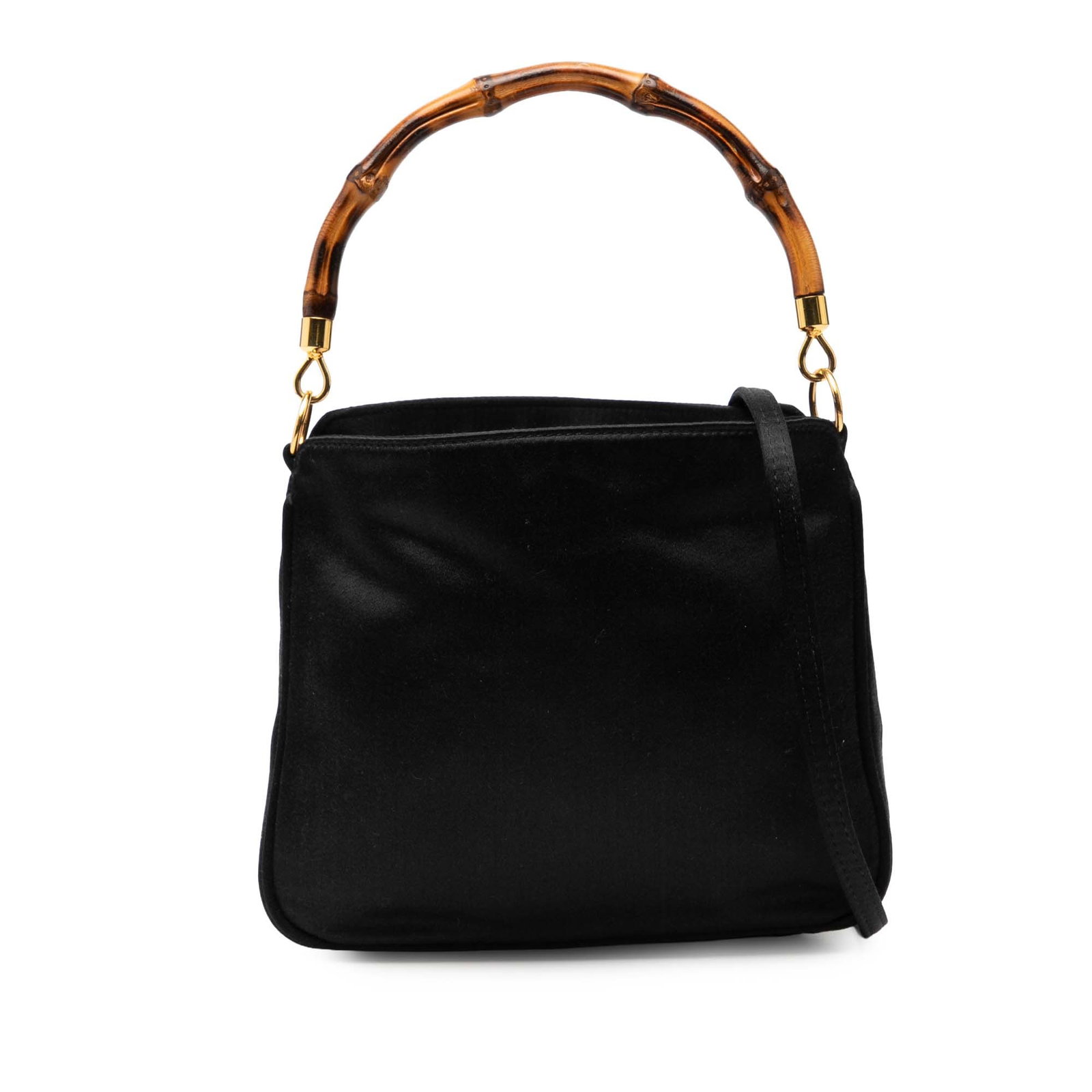 Gucci Black Satin Satchel with Bamboo Top Handle and Strap: Gucci Black Satin Satchel with Bamboo Top Handle and Strap This Gucci Bamboo Satin Satchel features a black satin body, a signature bamboo top handle, and a detachable flat shoulder strap. The bag is 