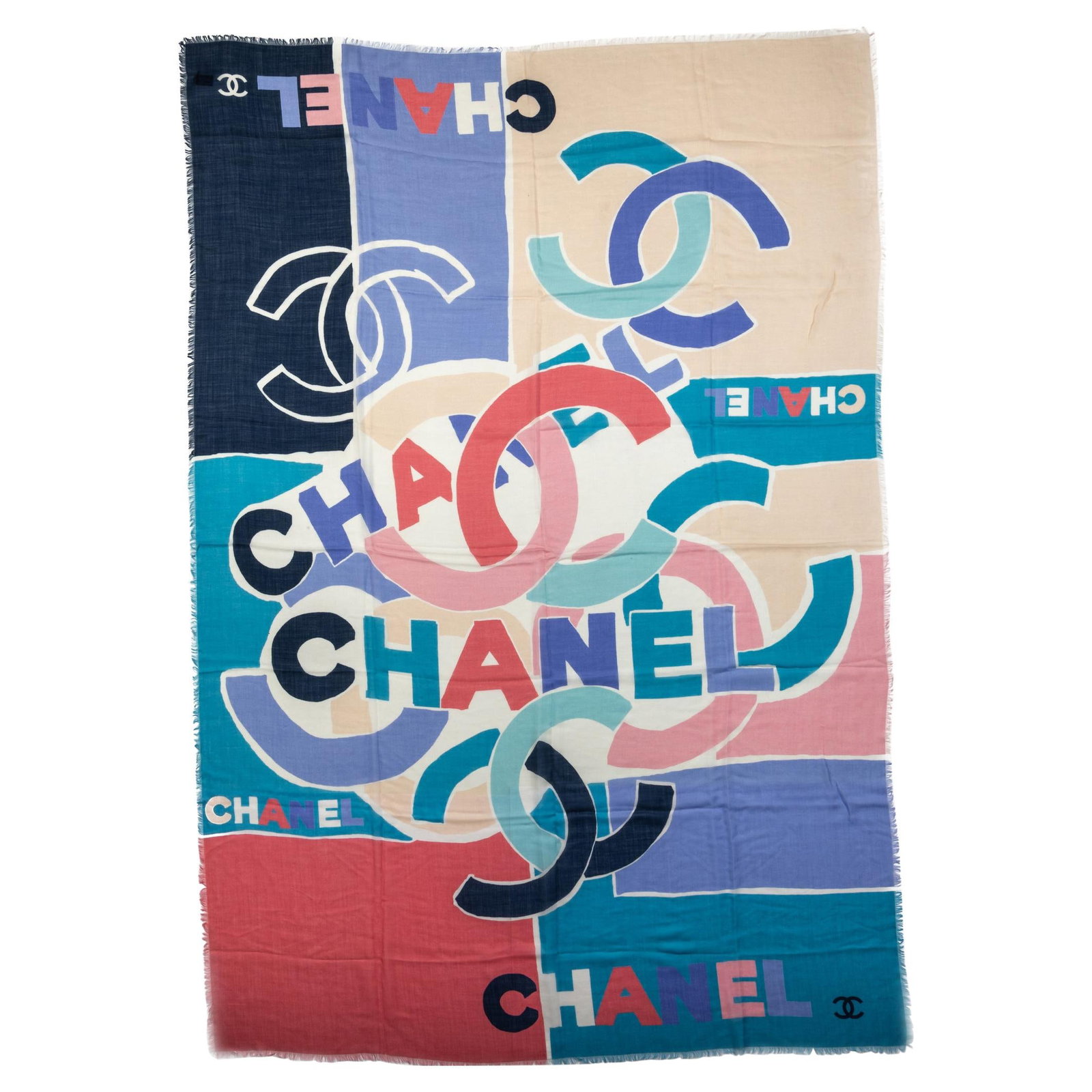 Chanel Multicolor Logo Cashmere Silk Shawl 54 x 75 Italy: Chanel Multicolor Logo Cashmere Silk Shawl 54 x 75 Italy Elevate your wardrobe with this exquisite Chanel Multicolor Logo Cashmere Shawl. Crafted from a luxurious blend of cashmere and silk, this shaw