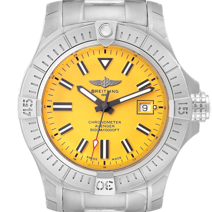 Breitling Avenger Seawolf Yellow Dial Stainless Steel Bracelet A17319 Card 2024: Breitling Avenger Seawolf Yellow Dial Stainless Steel Bracelet A17319 Card 2024 This Breitling Avenger Seawolf features a striking yellow dial and is paired with a robust stainless steel bracelet. The