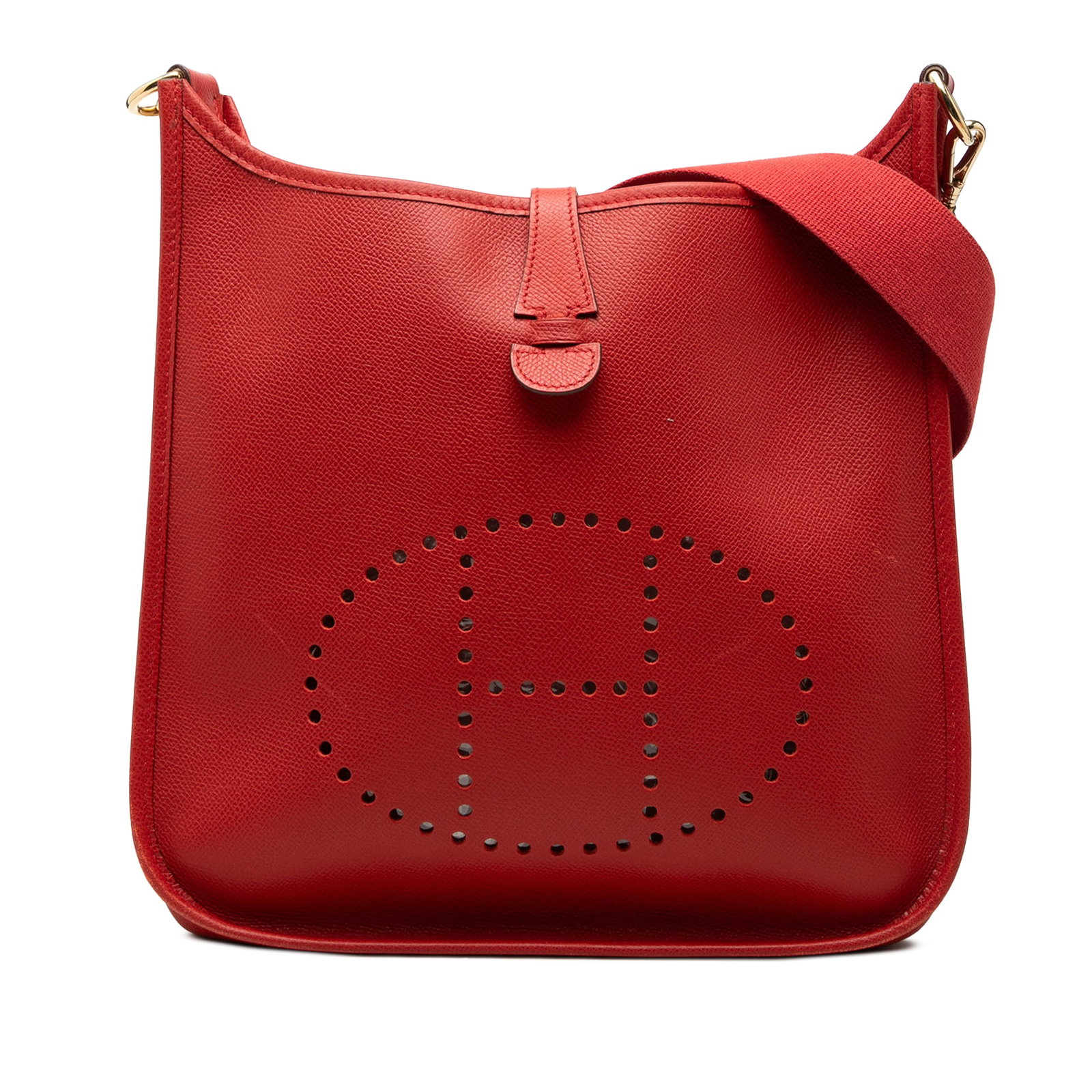 Hermes Evelyne 29 Red Epsom Leather Shoulder Bag: Hermes Evelyne 29 Red Epsom Leather Shoulder Bag Hermes Evelyne 29 bag in Epsom leather, made in France, in red. It features a detachable flat shoulder strap, an open top with strap and snap closure, 
