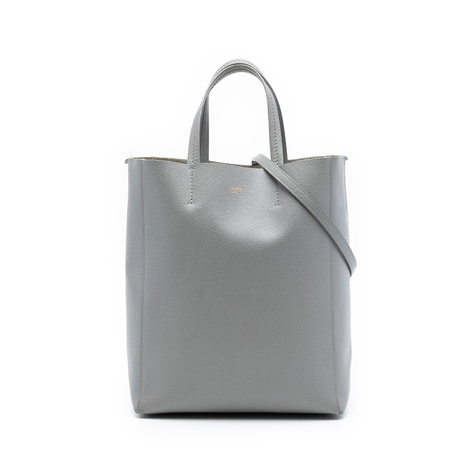 Celine Vertical Cabas Small Grained Calfskin Leather Tote Gray: Celine Vertical Cabas Small Grained Calfskin Leather Tote Gray Celine Small Grained Calfskin Vertical Cabas Tote in gray leather. This tote features flat leather handles, a detachable flat leather str