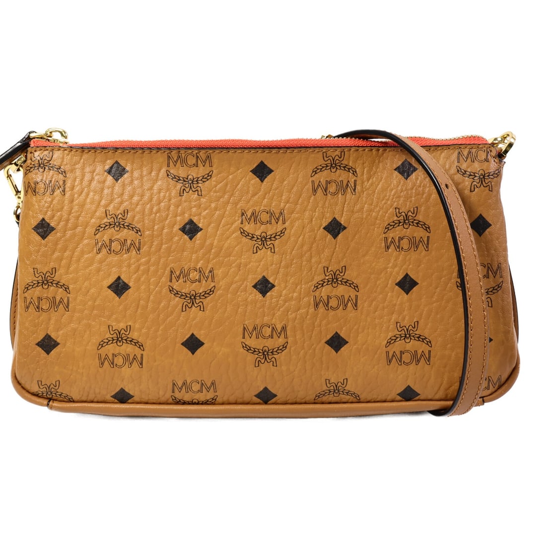 MCM MYZ7SME03CO001 Brown Coated Canvas Shoulder Bag: MCM MYZ7SME03CO001 Brown Coated Canvas Shoulder Bag MCM shoulder bag in brown PVC coated canvas with gold-tone hardware. It features an included shoulder strap, a fastener closure, and one open interi
